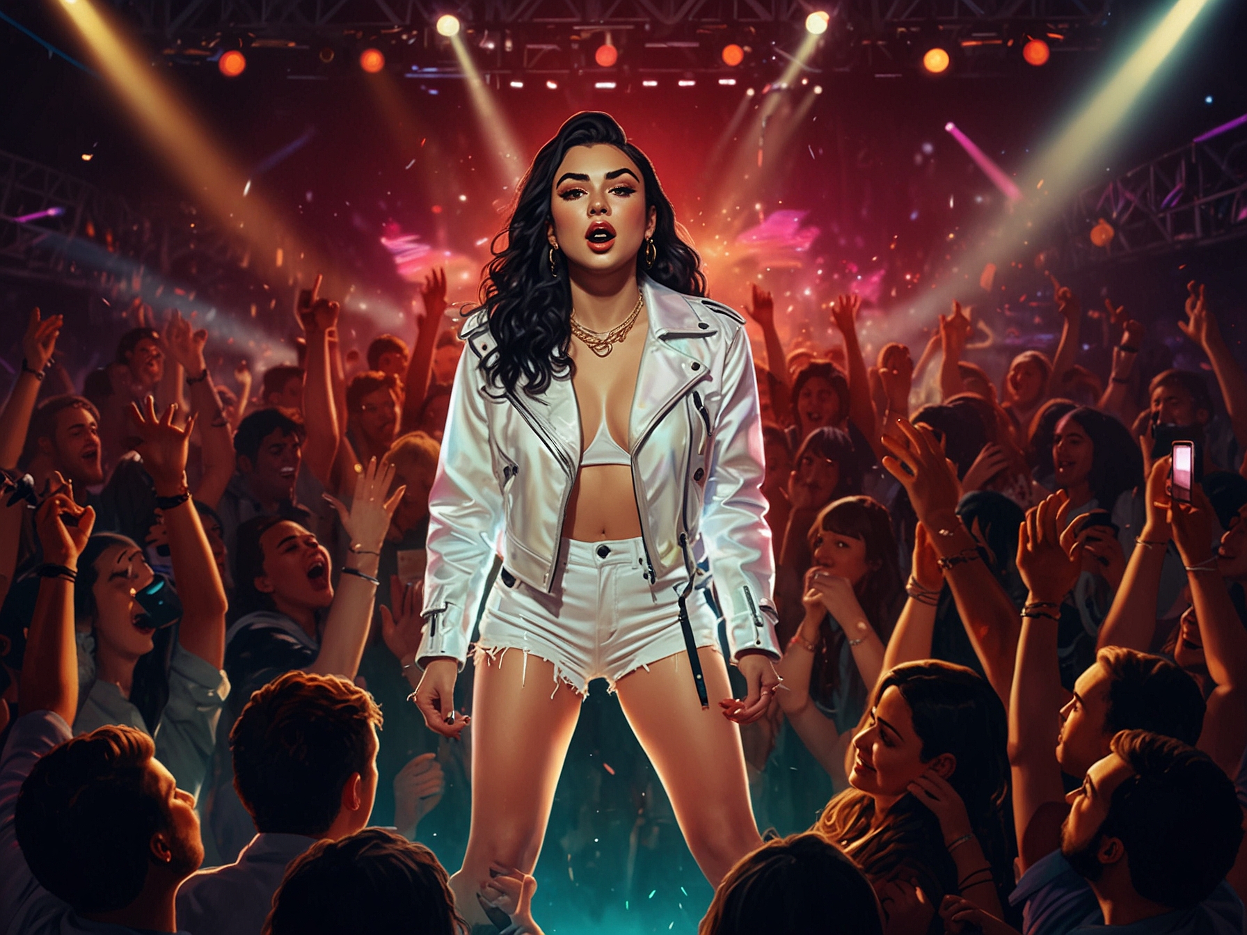 A vibrant concert scene featuring Charli XCX on stage, illuminated by colorful lights, with an energetic crowd of fans dancing and singing along. The atmosphere is electric, showcasing the excitement of her live performance.