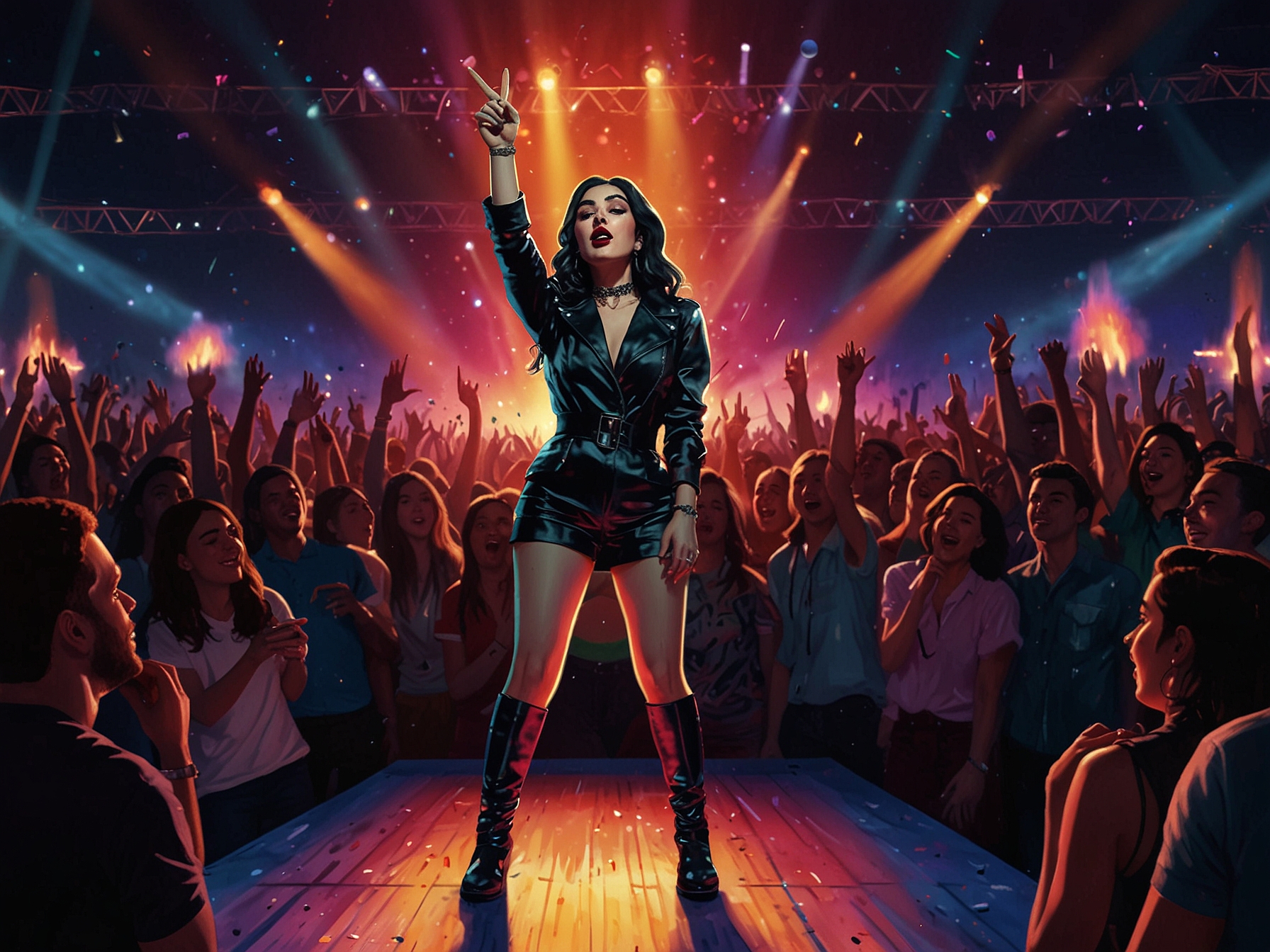 A close-up of Charli XCX performing passionately, with her distinctive fashion style and expressive movements. The image captures the essence of her artistry and connection with the audience.