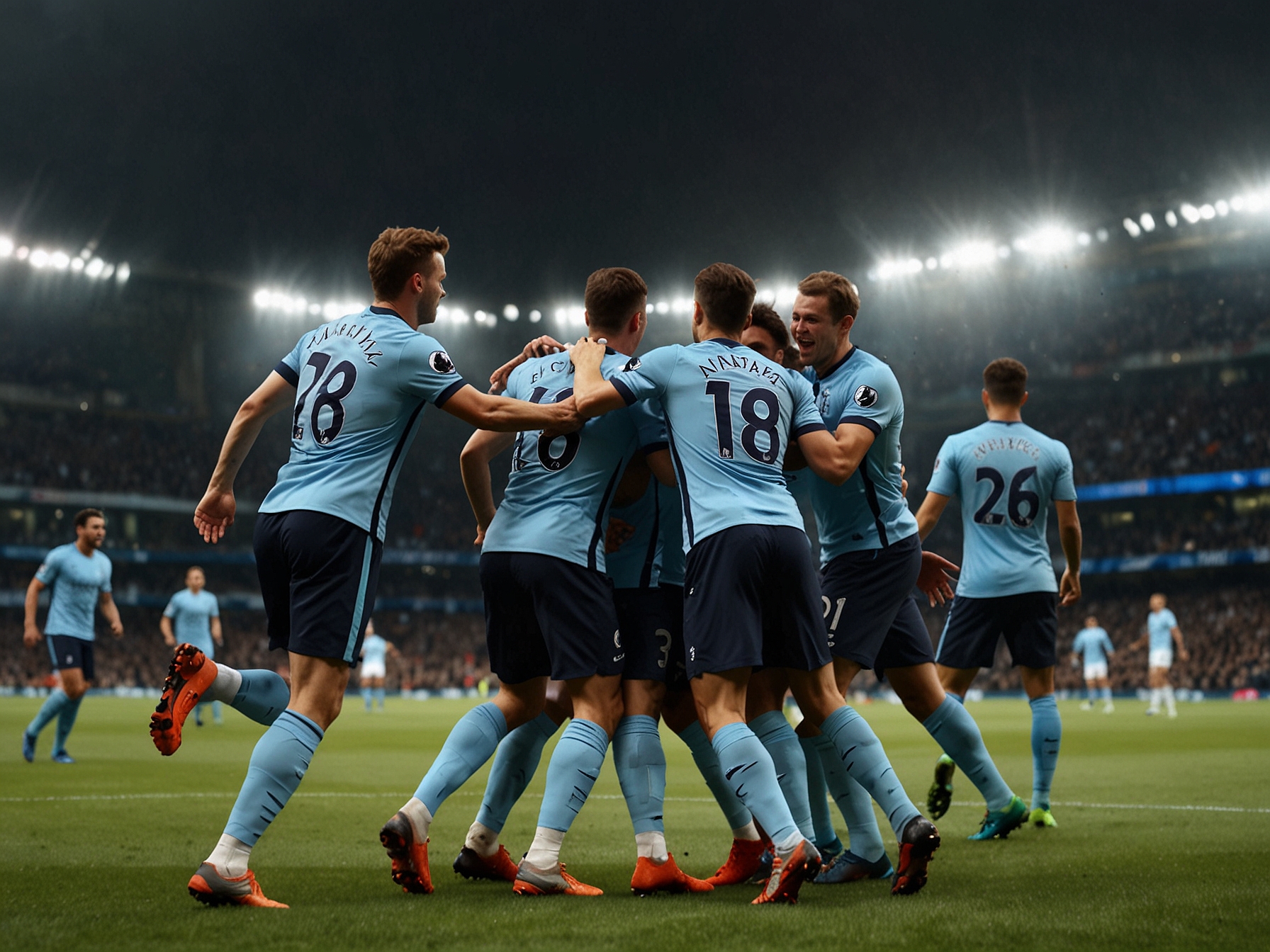 An exhilarating moment captured at Etihad Stadium showing Tottenham Hotspur players celebrating a goal during their 4-0 victory over Manchester City.