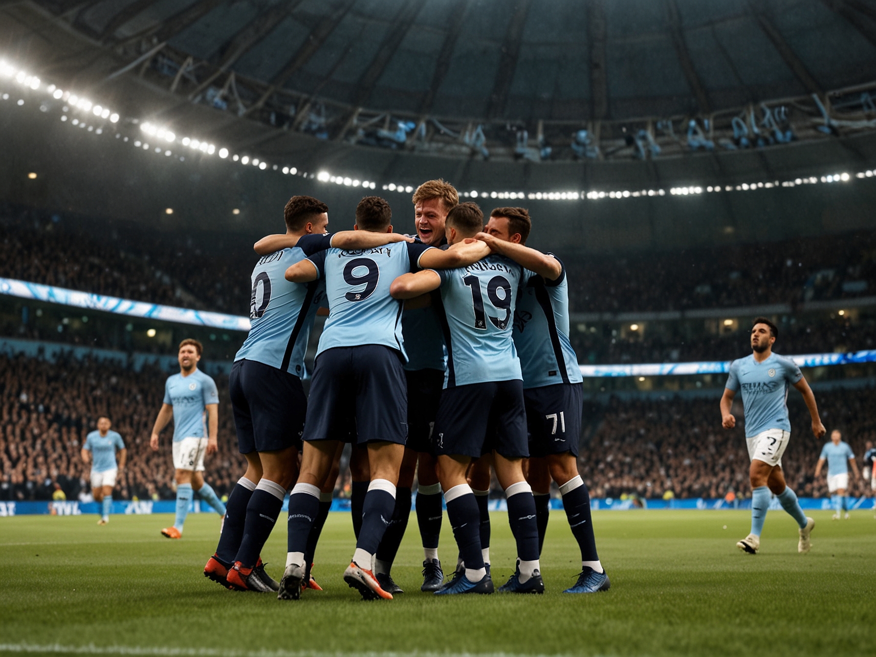 A close-up of the jubilant Tottenham Hotspur fans in the stands at the Etihad Stadium, showcasing their excitement and disbelief at the team's remarkable performance.