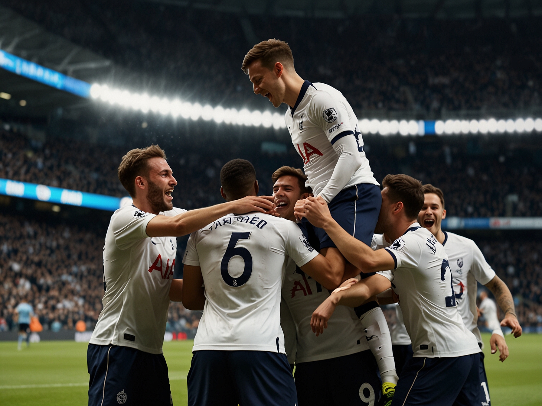 Guglielmo Vicario diving to make a crucial save, exemplifying his heroics as Tottenham's goalkeeper during the breathtaking 4-0 win against Manchester City.