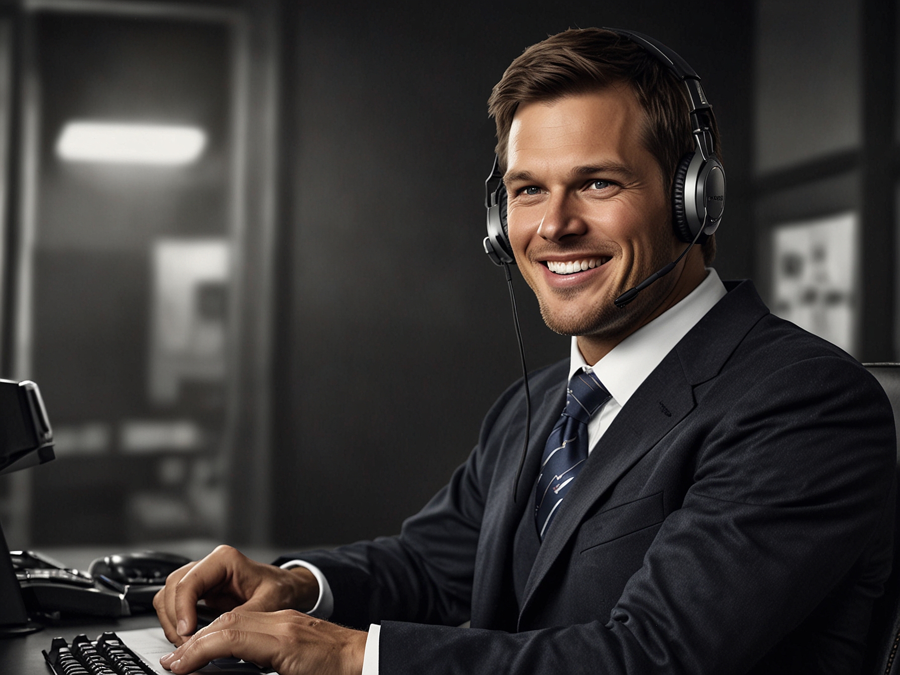 An image of Tom Brady in a broadcasting booth, smiling as he prepares to commentate a Thanksgiving Day NFL game, capturing the essence of his new role and the surprise announcement.