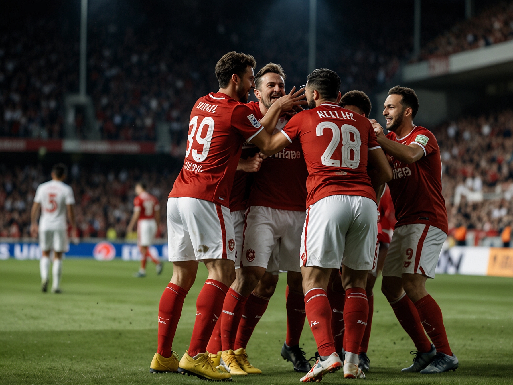 An action shot from the match showing Sevilla FC players celebrating after scoring the winning goal against Rayo Vallecano in a tense moment at their home stadium, Nervión.