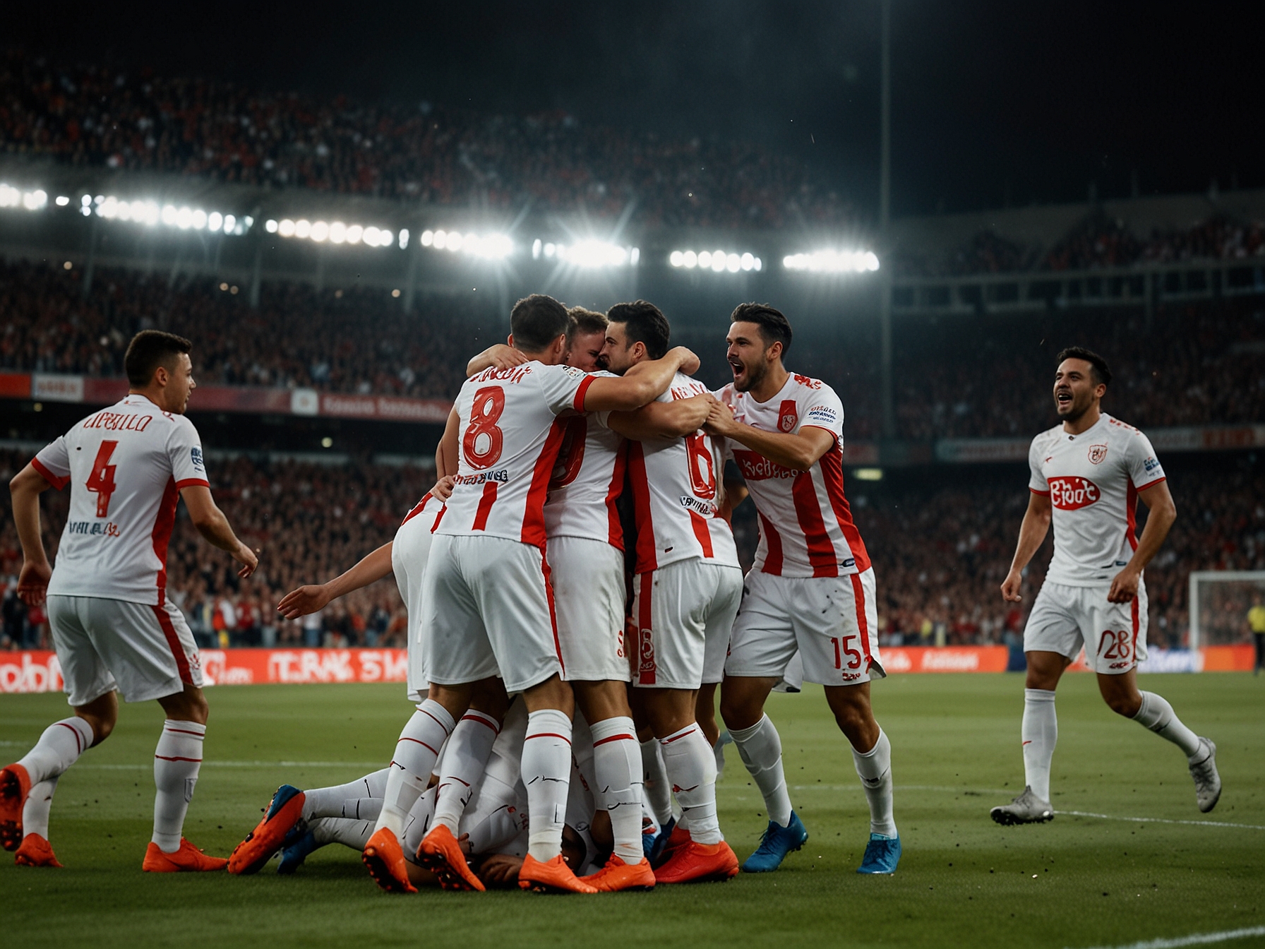 A wide-angle shot of the Nervión stadium packed with Sevilla FC fans, capturing their passion and hope as they support their team in pursuit of European spots.