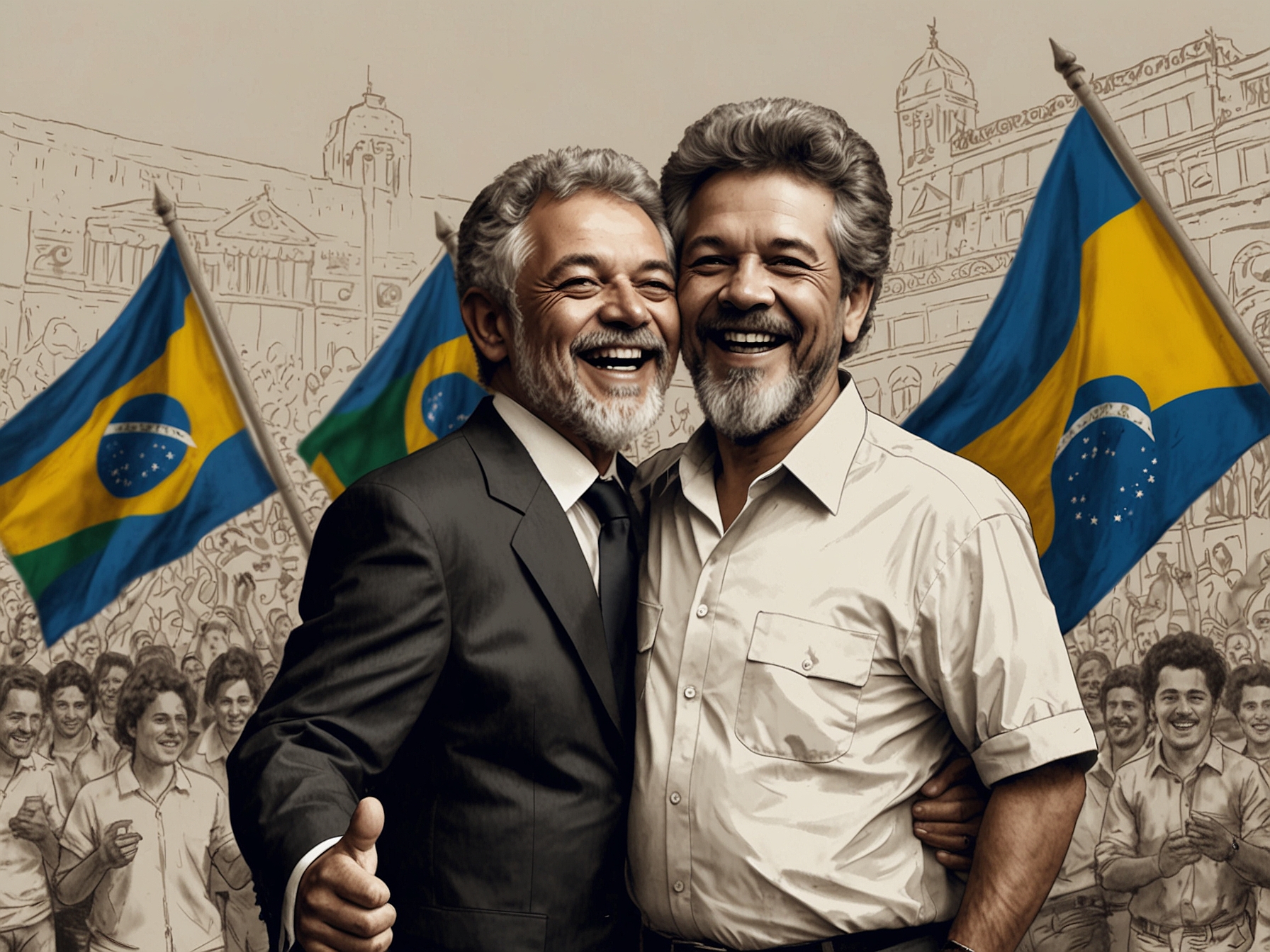 A jubilant Lula da Silva congratulating Yamandú Orsi with flags of Brazil and Uruguay in the background symbolizing regional unity and celebration of democracy.