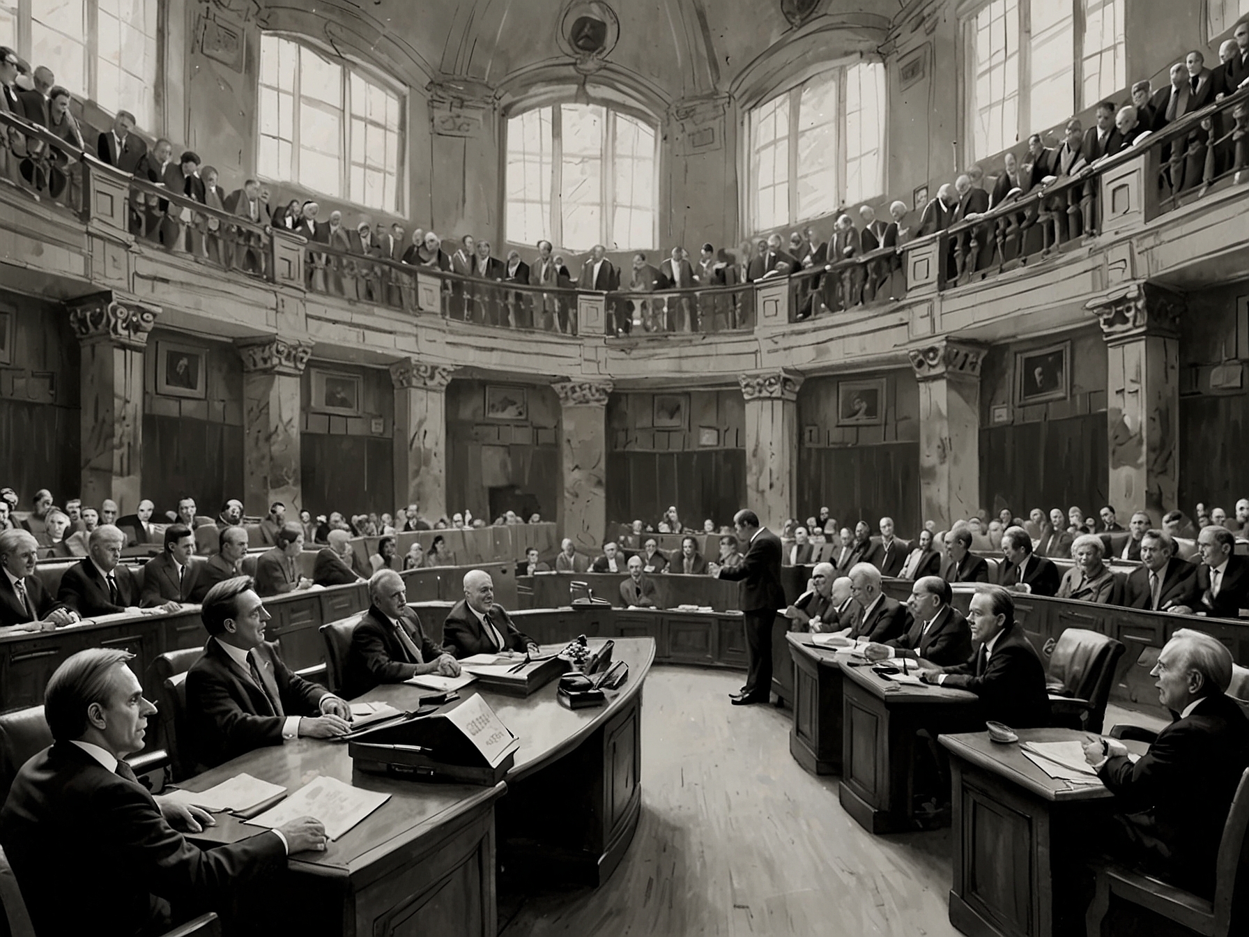 A historical image depicting a tense parliamentary session in Argentina during the 1990s, showcasing politicians engaged in heated debate over privatization policies.