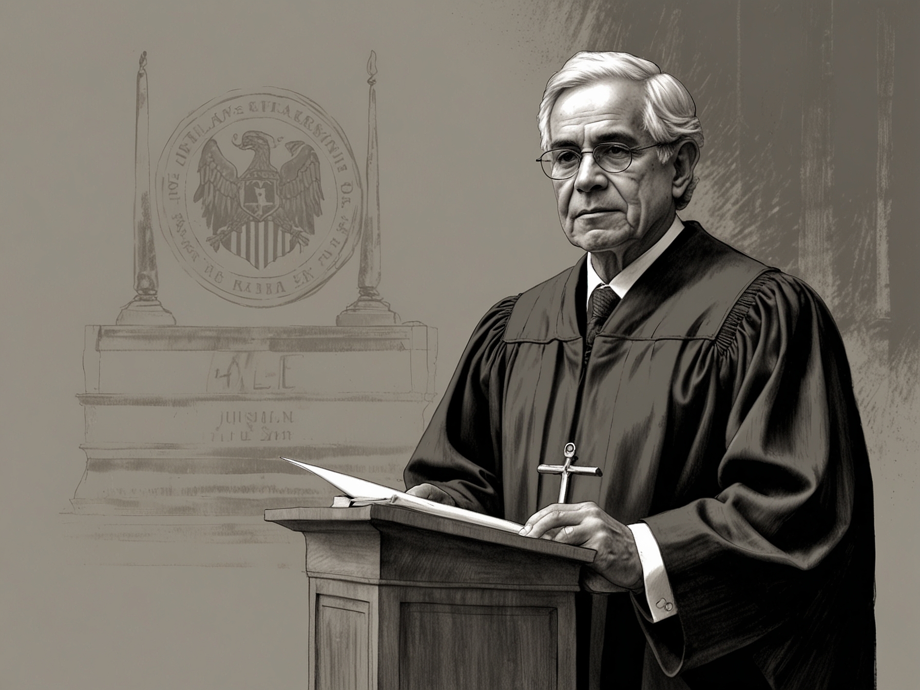 An inspiring portrait of José Luis Lecaros, portraying him in judicial robes, symbolizing his dedication to justice and human rights in Peru.