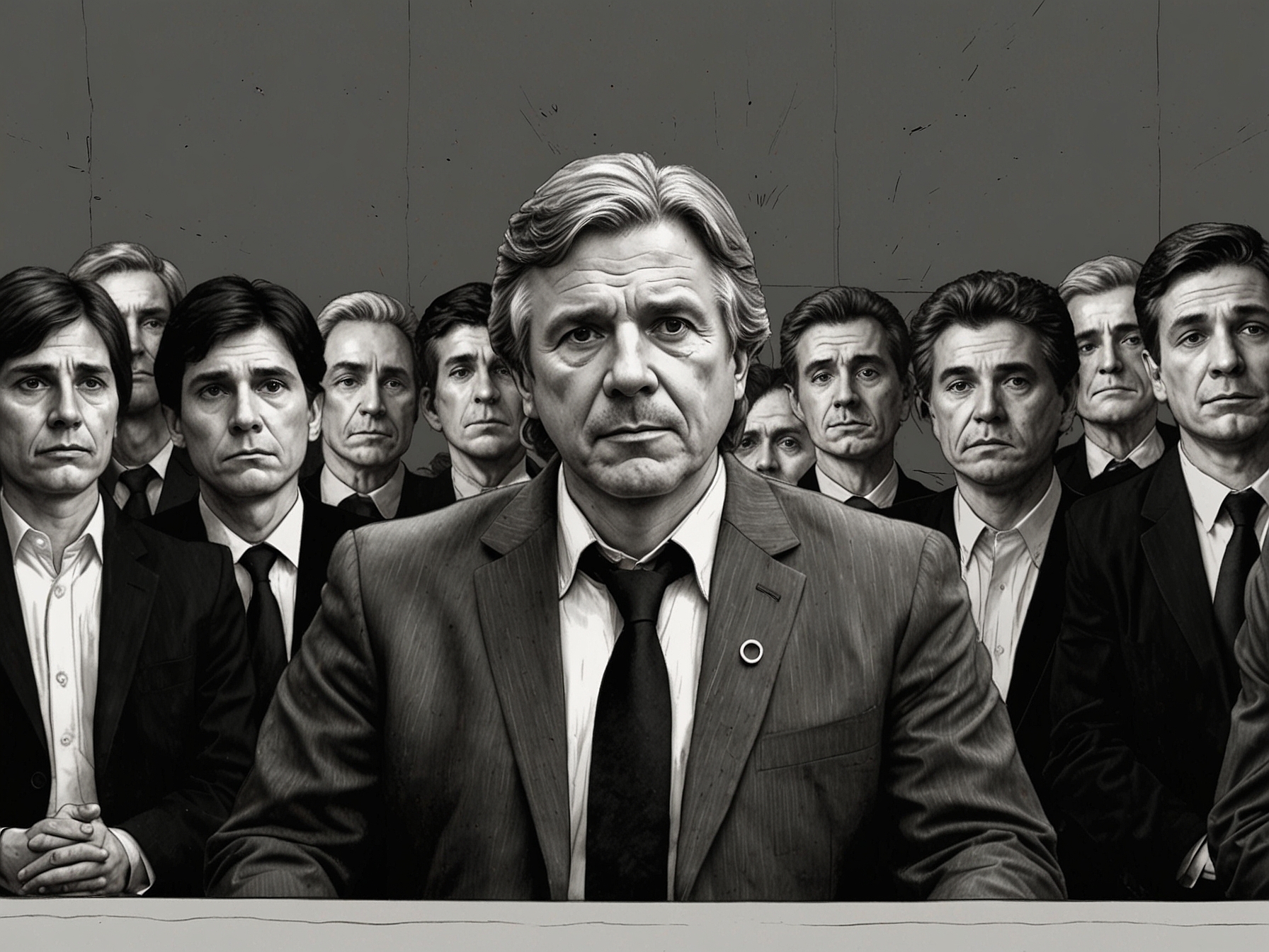An image depicting Javier Milei at a press conference, surrounded by tension-filled expressions from aides, reflecting the chaotic political atmosphere in Argentina's government.