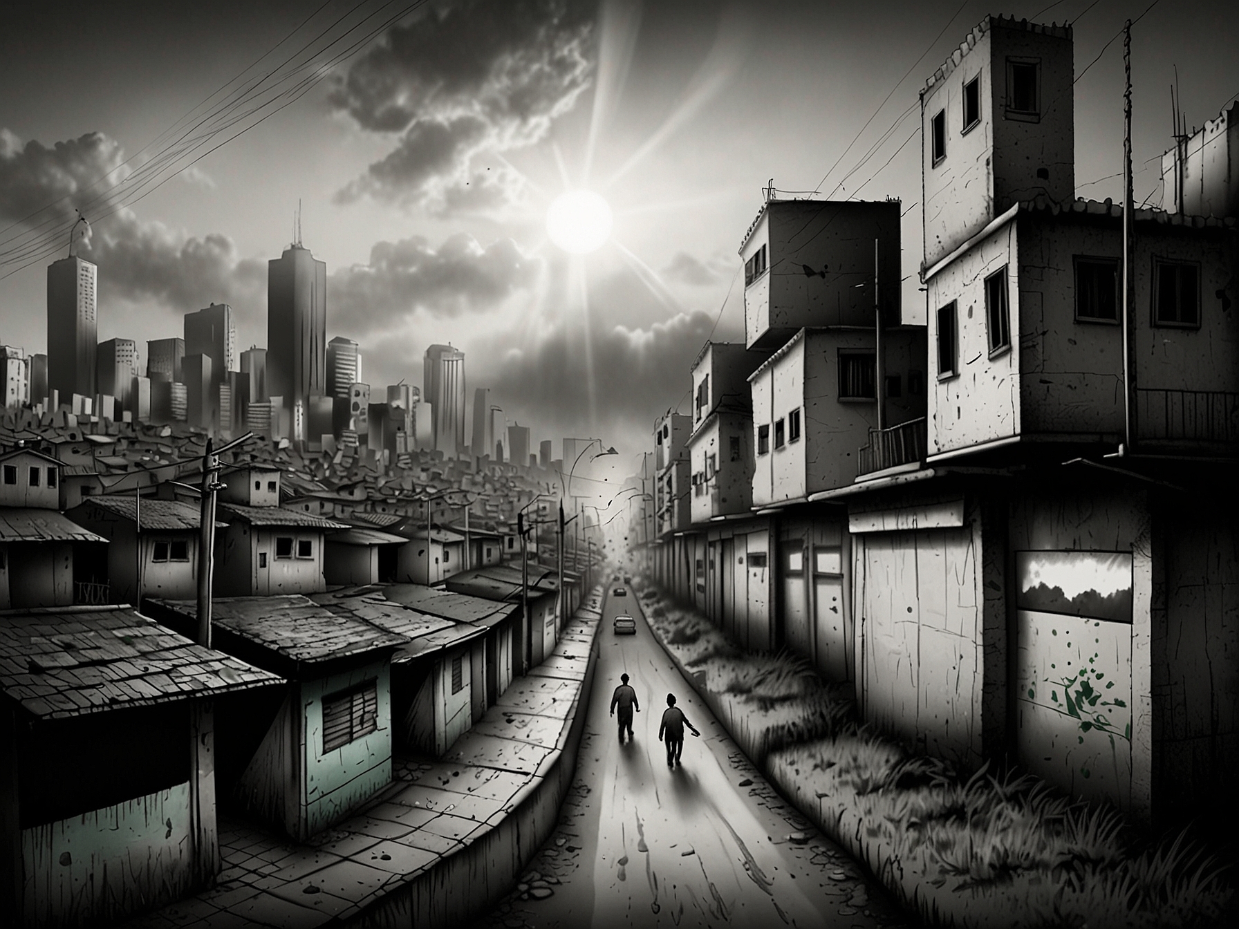 An illustration of a divided political landscape, showing blurred lines between conservative and progressive ideologies amidst a backdrop of social inequality in Brazil.
