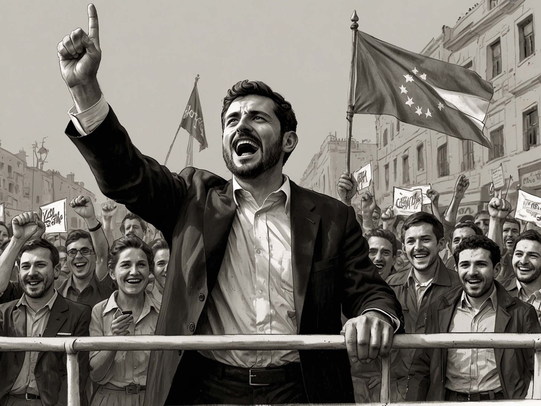 An inspiring image of Sergio Giacaman addressing a crowd of supporters in Biobío, displaying enthusiasm and optimism following his electoral victory, with banners and flags in the background symbolizing hope for change.
