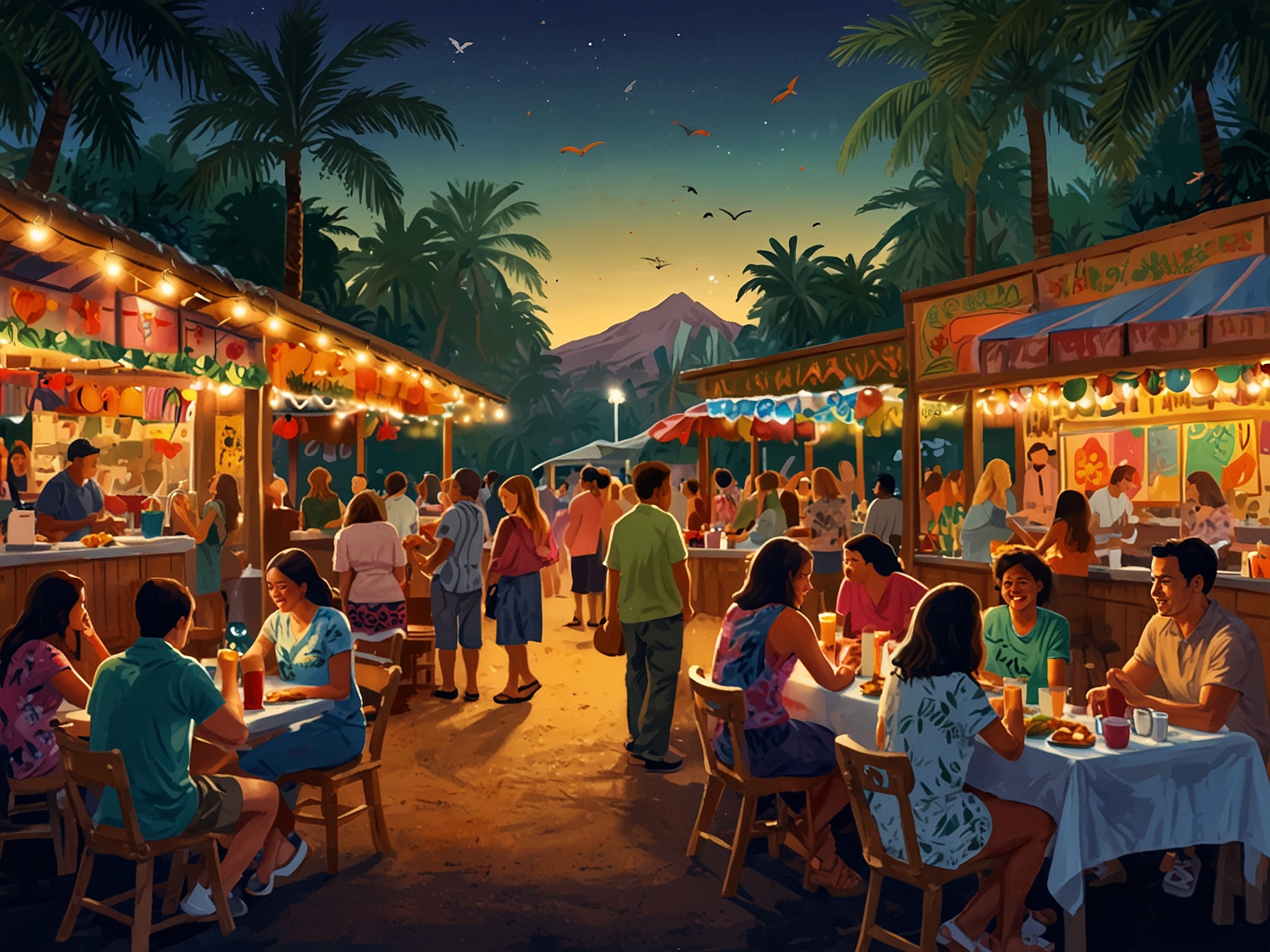 A vibrant festival scene in Hawaii showcasing local artists, musicians performing, and families enjoying food stalls surrounded by colorful decorations.