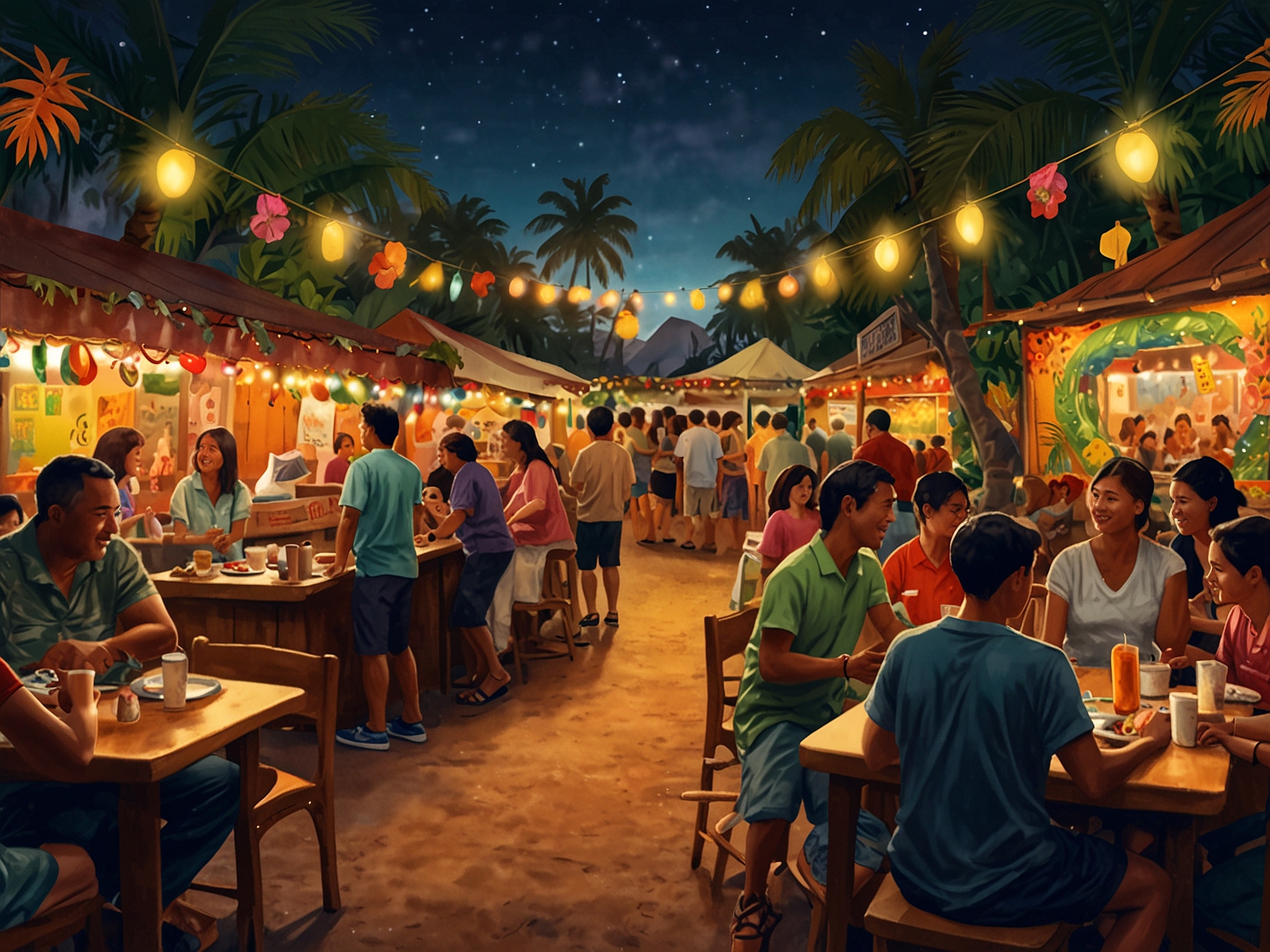 A scenic view of the Lahaina Festival with participants shopping from local vendors, engaging with art displays, and children enjoying various activities under sunny skies.