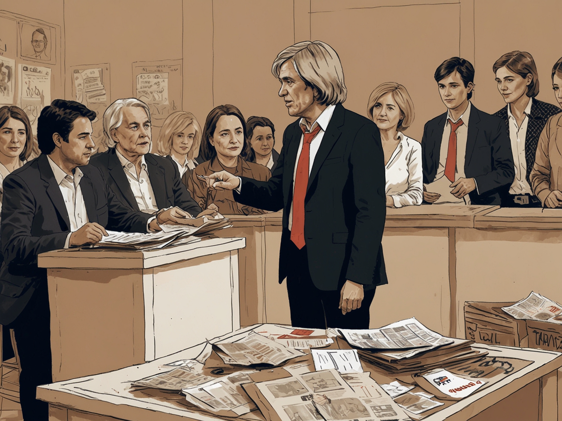 A heated political debate unfolds in a public forum, featuring Evelyn Matthei and Tomás Vodanovic engaged in a tense conversation, surrounded by election campaign materials and voters. The atmosphere reflects the charged emotions of the electoral process in Chile.