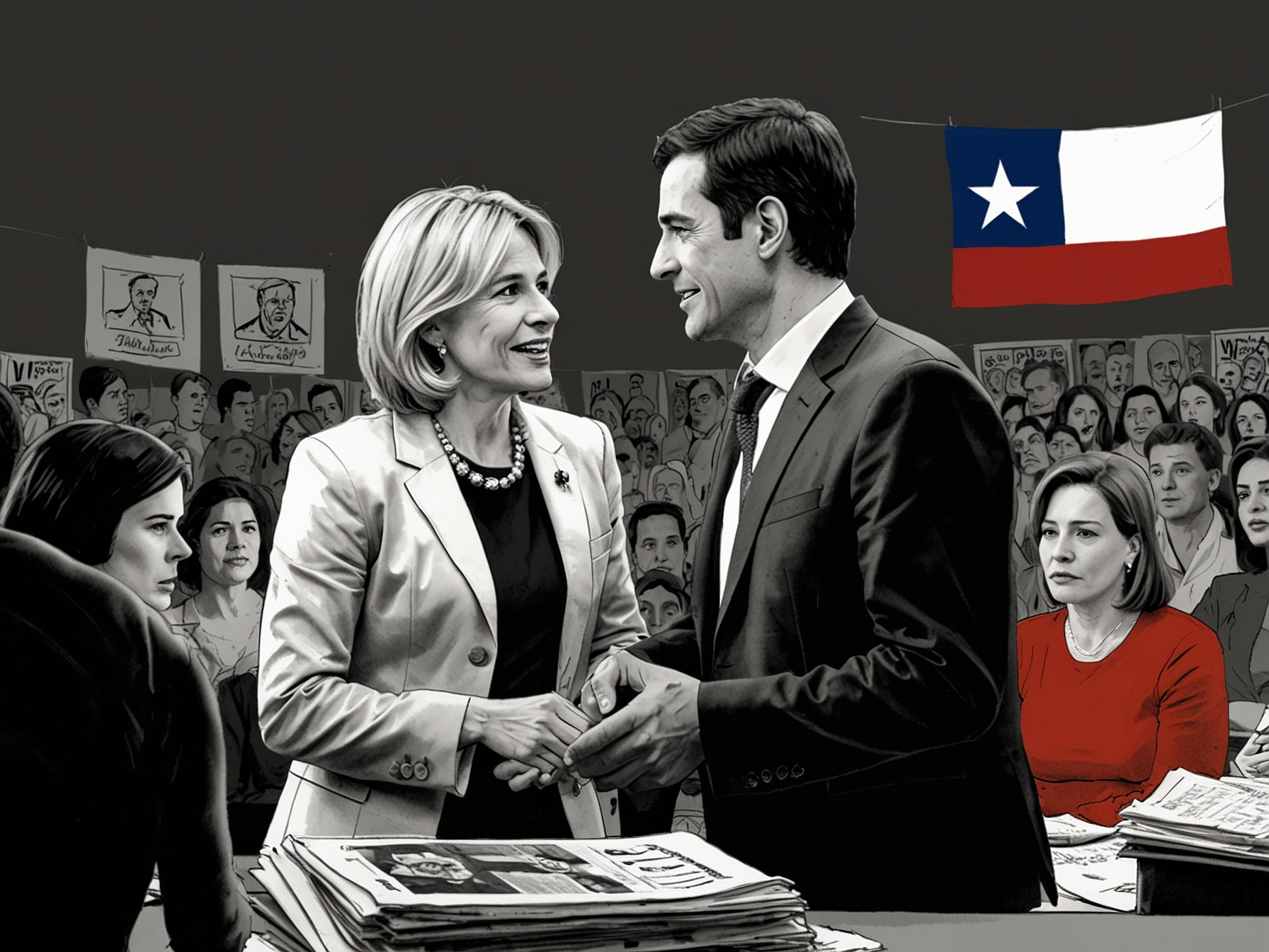 An illustration of a table set for political discussions, with various campaign materials from different political parties, symbolizing the desire for collaboration among conflicting political figures in Chile.