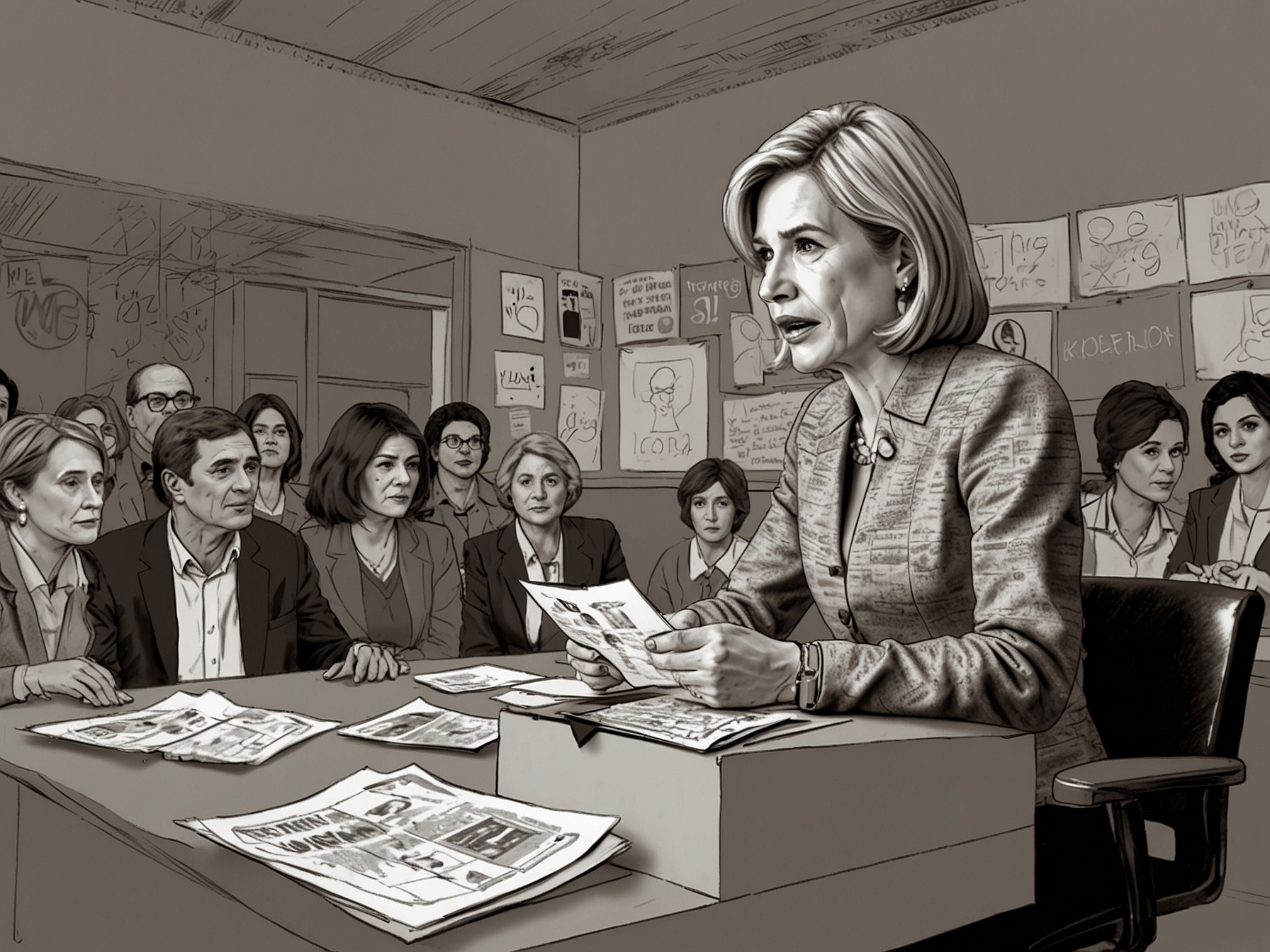 A split image showing Evelyn Matthei on one side, confidently addressing a crowd, and Tomás Vodanovic contemplating serious issues on the other, representing the contrasting approaches to leadership and governance.