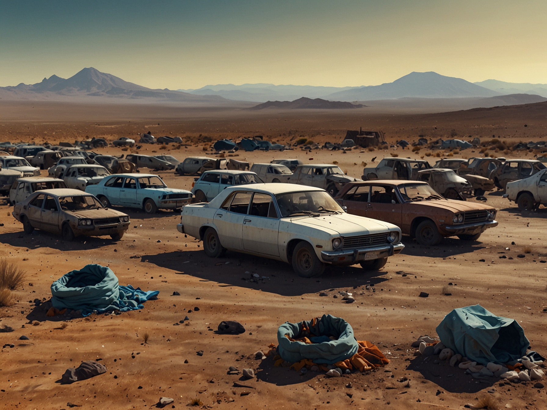 A panoramic view of the Atacama Desert littered with heaps of discarded clothing and abandoned vehicles, illustrating the harsh reality of waste accumulation in a seemingly barren landscape.