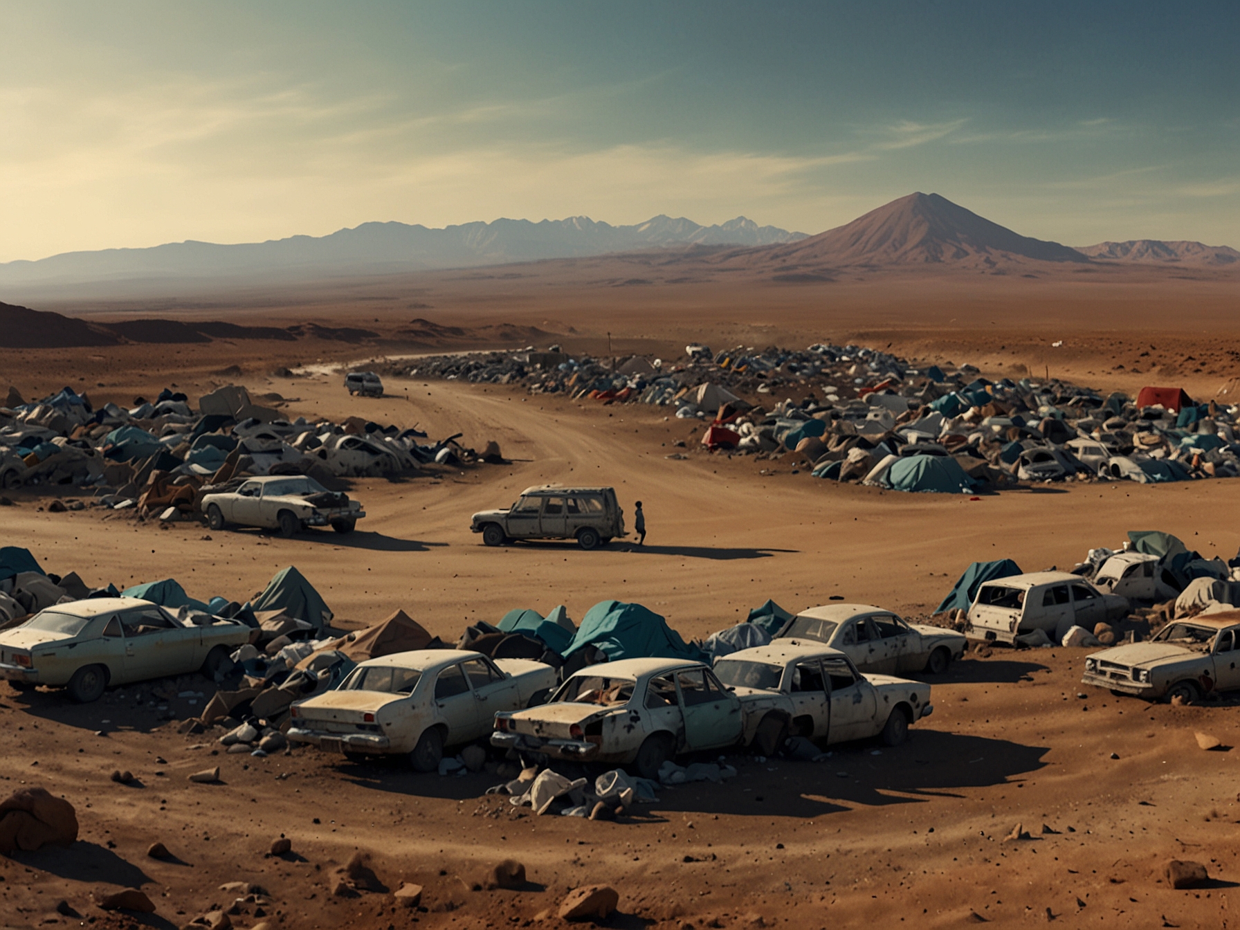 A close-up of colorful fast fashion garments scattered across the arid terrain of the Atacama Desert, highlighting the stark contrast between nature and human excess.