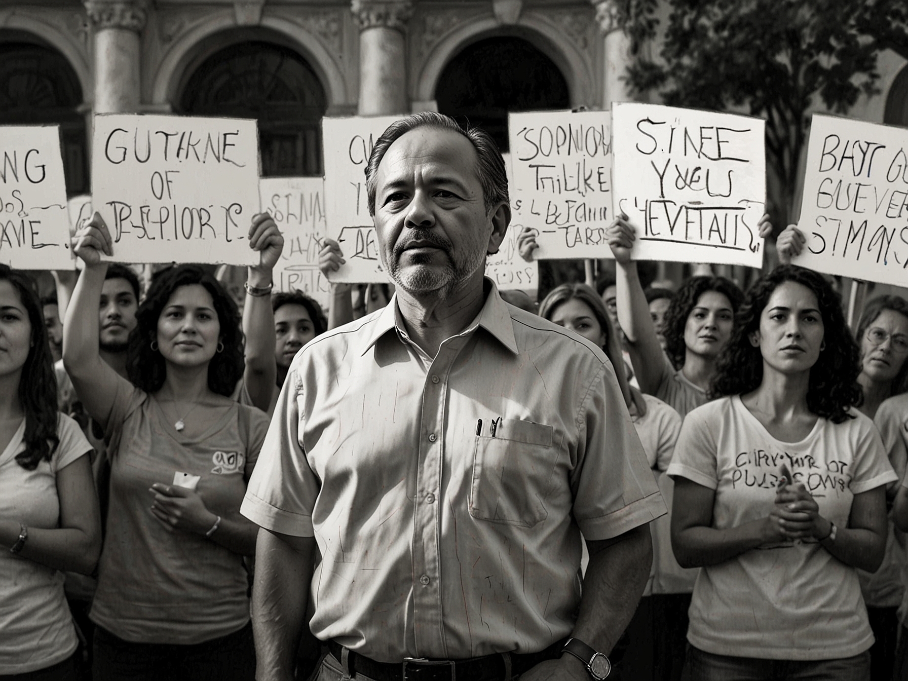 Javier Vega standing outdoors, speaking calmly to his supporters, surrounded by a diverse group of citizens who hold signs expressing gratitude and support, embodying the spirit of democracy and respect.