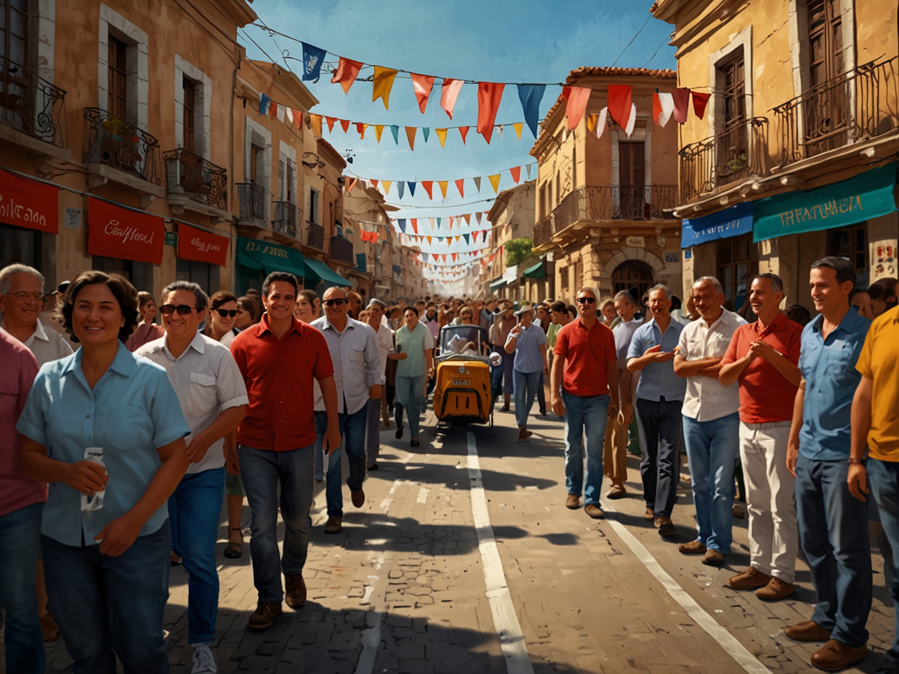 A vibrant street scene in the Maule Region with supporters celebrating Pedro Álvarez-Salamanca's victory, featuring banners and flags in a festive atmosphere.