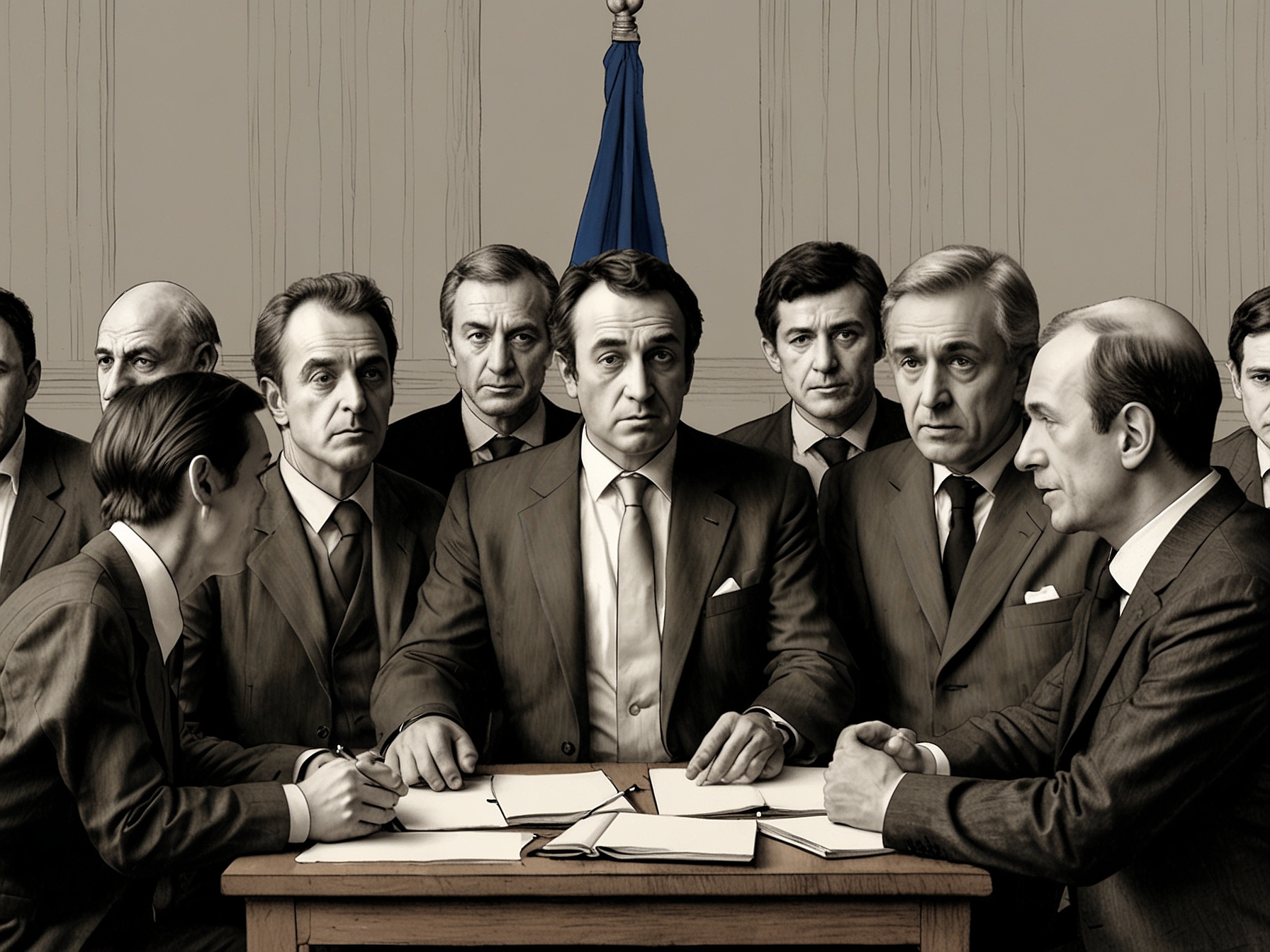 A divided group of French political leaders in a heated discussion, symbolizing the clash over freedom of speech and legislation, with expressions of concern and determination evident on their faces.