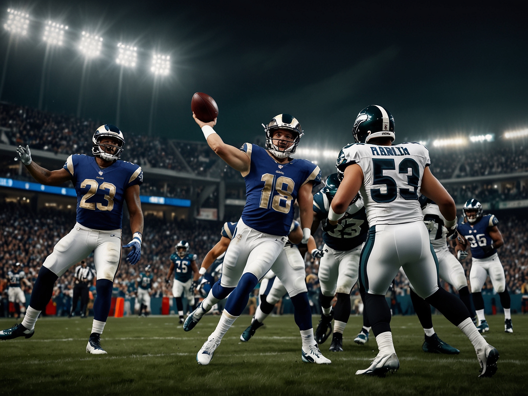 A dynamic scene of an NFL game featuring Colby Parkinson catching a pass, with the Rams offense lined up against the Eagles defense under the stadium lights, showcasing the excitement of Sunday Night Football.