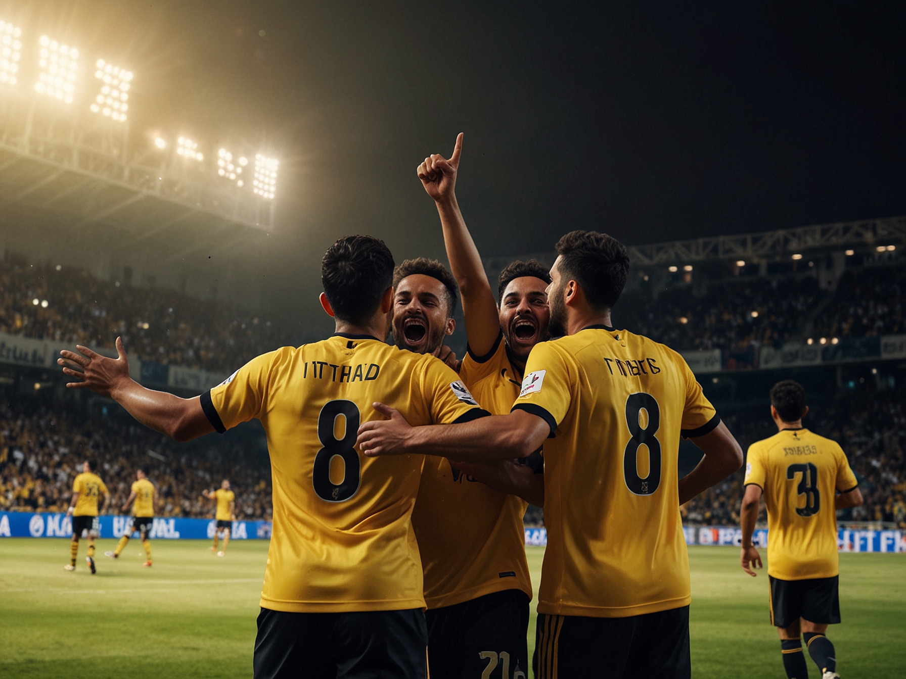 A jubilant scene of Al Ittihad players celebrating their 2-0 victory against Al Fateh, showcasing the emotions of triumph and teamwork under the stadium lights.