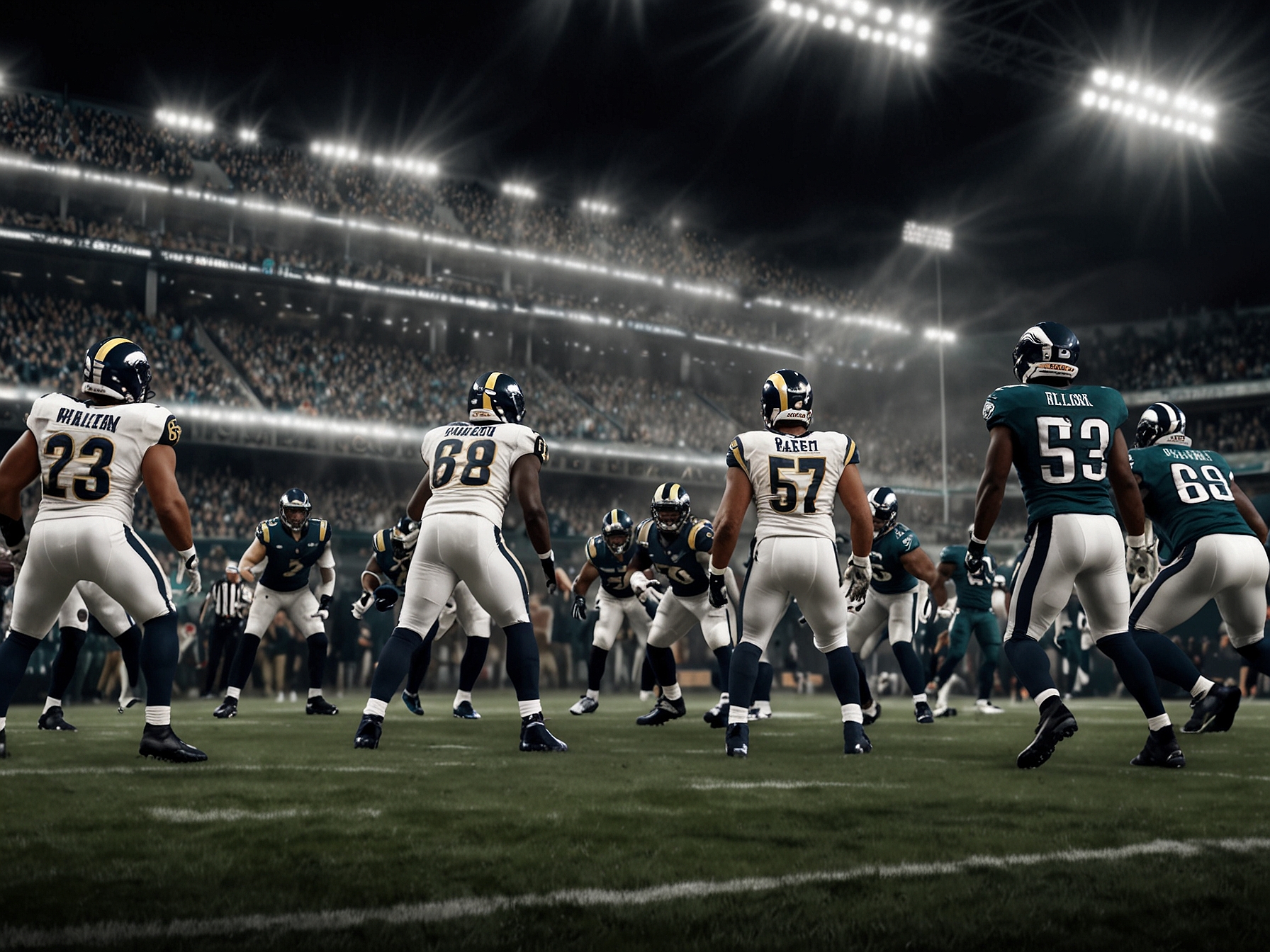 Saquon Barkley in action, evading defenders on the field, highlighting his agility and determination as he attempts to break through the Rams' defense.