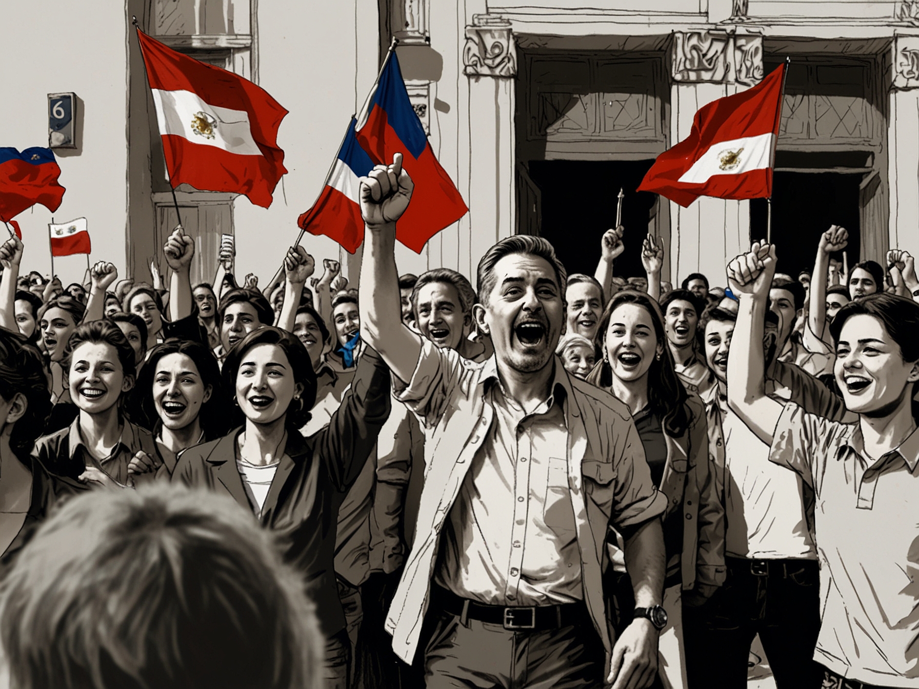 An enthusiastic crowd gathers outside a polling station in Santiago, celebrating Claudio Orrego's victory with banners and flags, embodying hope for a united political future.