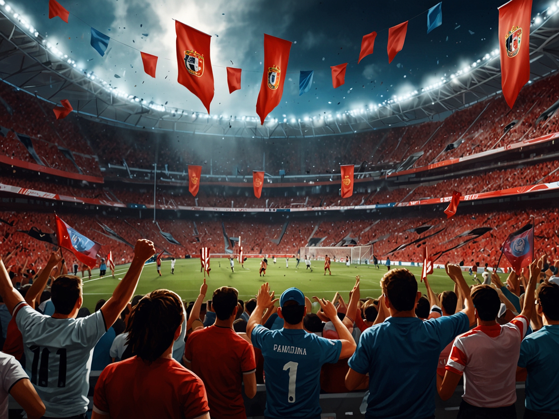 A vibrant scene capturing the electric atmosphere at San Mamés stadium during the derby match, with passionate fans cheering for Athletic Club while showcasing colorful team banners and flags.