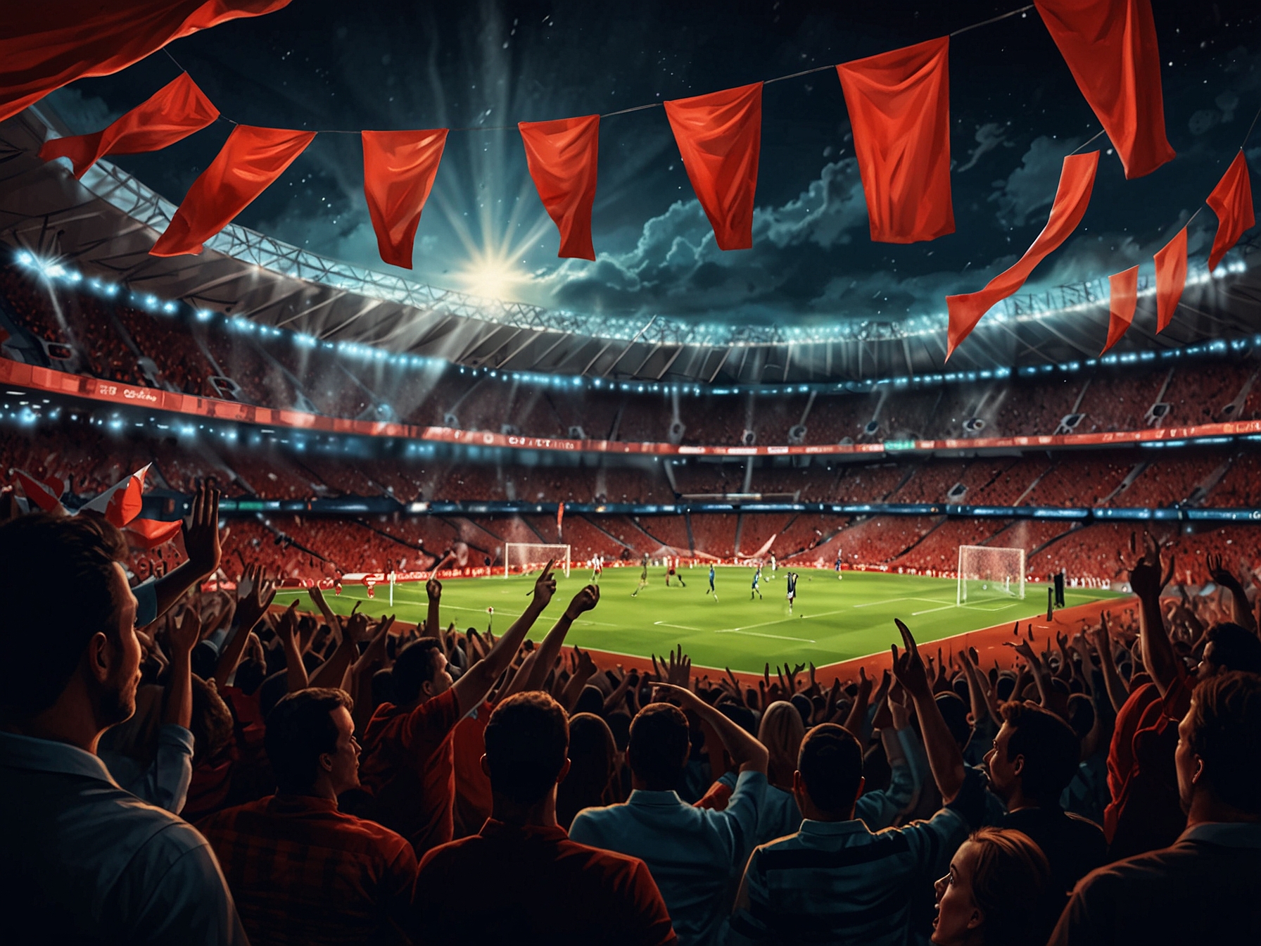 An action shot of Sancet celebrating his goal, highlighting his determination and skill as a key player for Athletic Club, with the fans erupting in excitement in the background.