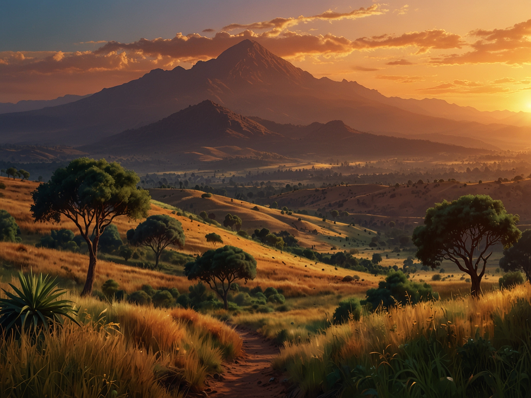 A serene Ethiopian landscape showcasing its breathtaking beauty, with mountains in the background and a vibrant sunset, symbolizing both adventure and the bittersweet nature of memories shared among friends.