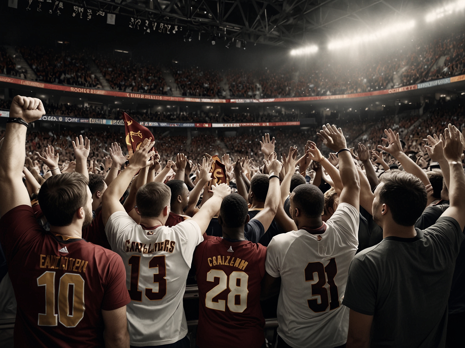 A packed Rocket Mortgage FieldHouse showing enthusiastic Cavaliers fans celebrating a home victory. Players are seen high-fiving after scoring, showcasing teamwork and camaraderie.