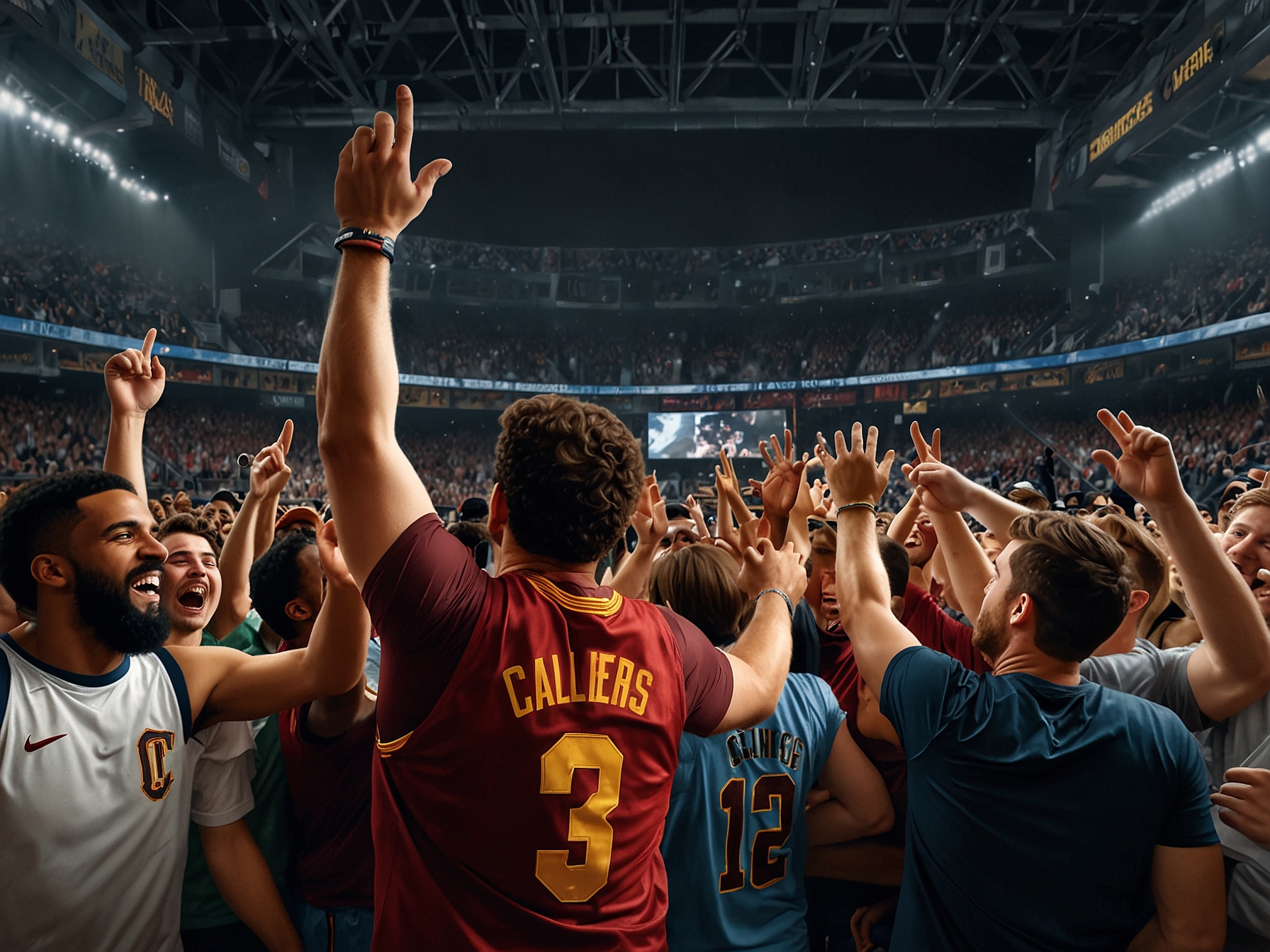 A scoreboard displaying the final score of 122-108 in favor of the Cavaliers, with the players celebrating on the court amidst cheering fans.