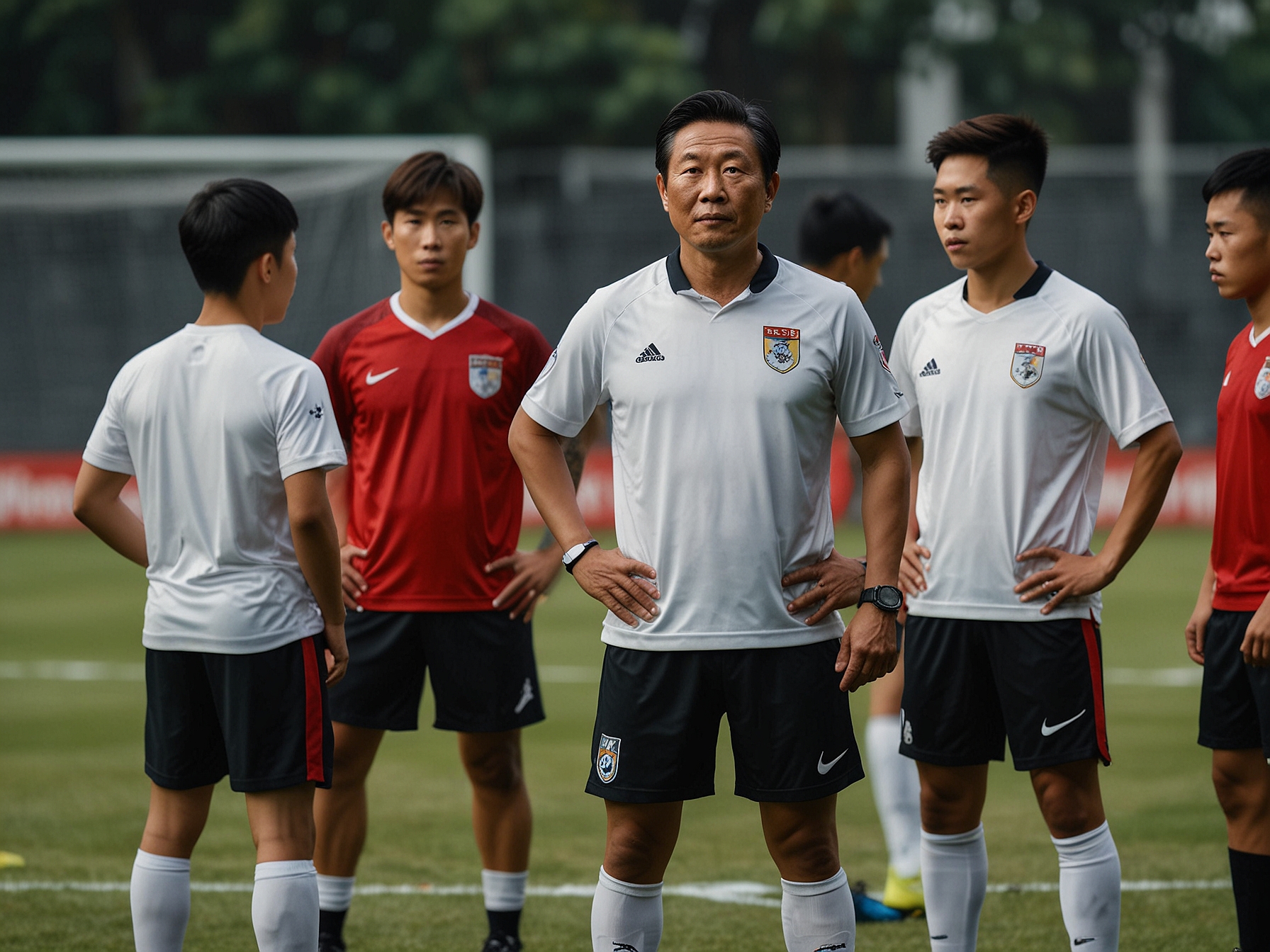 An image showcasing Indonesia's football coach Shin Tae-yong with a young and diverse squad during a training session, reflecting the team's preparation for the upcoming AFF Championship 2024.
