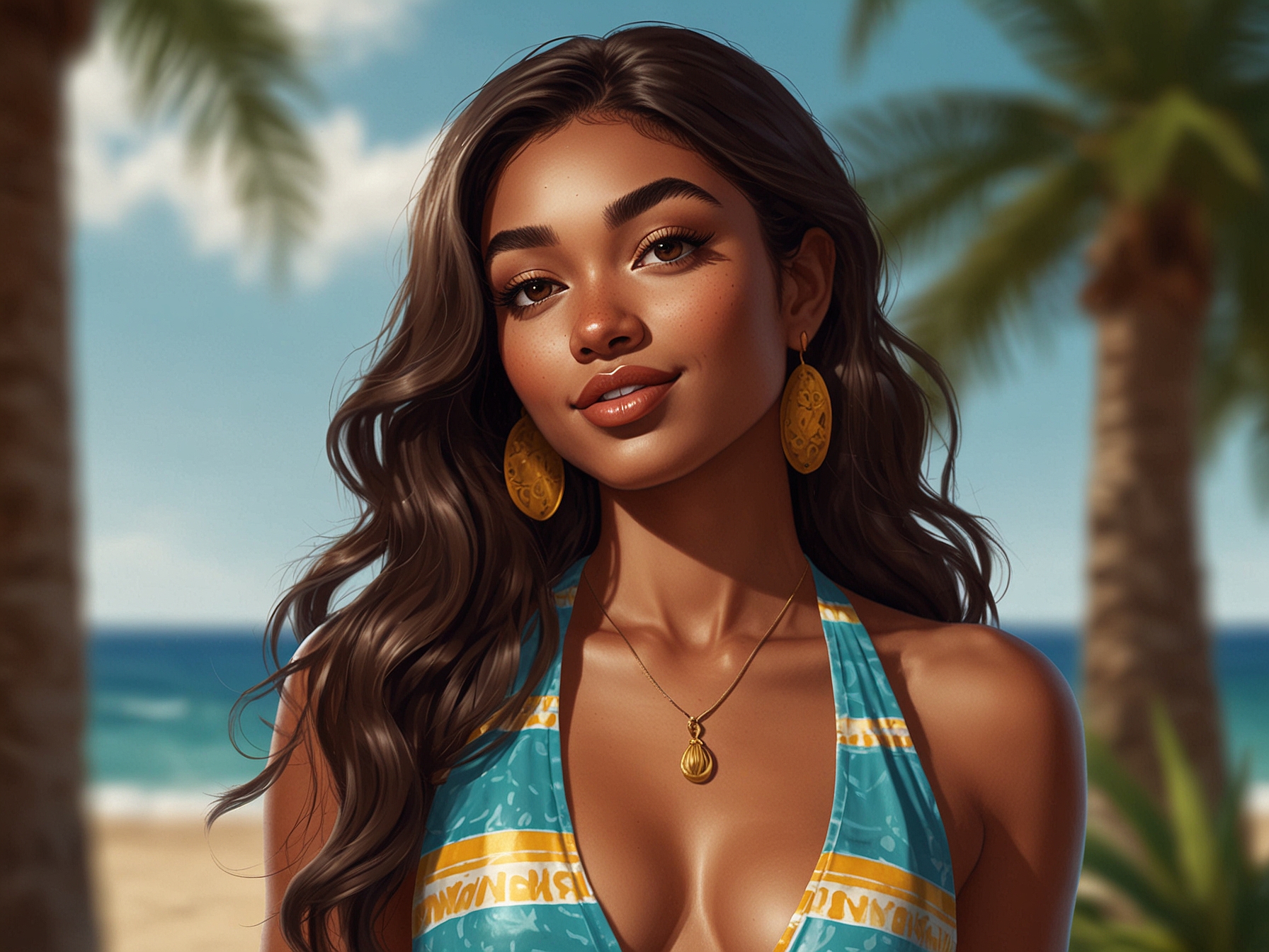A radiant portrait of Moon Gabi, showcasing her exotic look with brown skin, styled hair, and a vibrant beachwear outfit against a sunny backdrop.