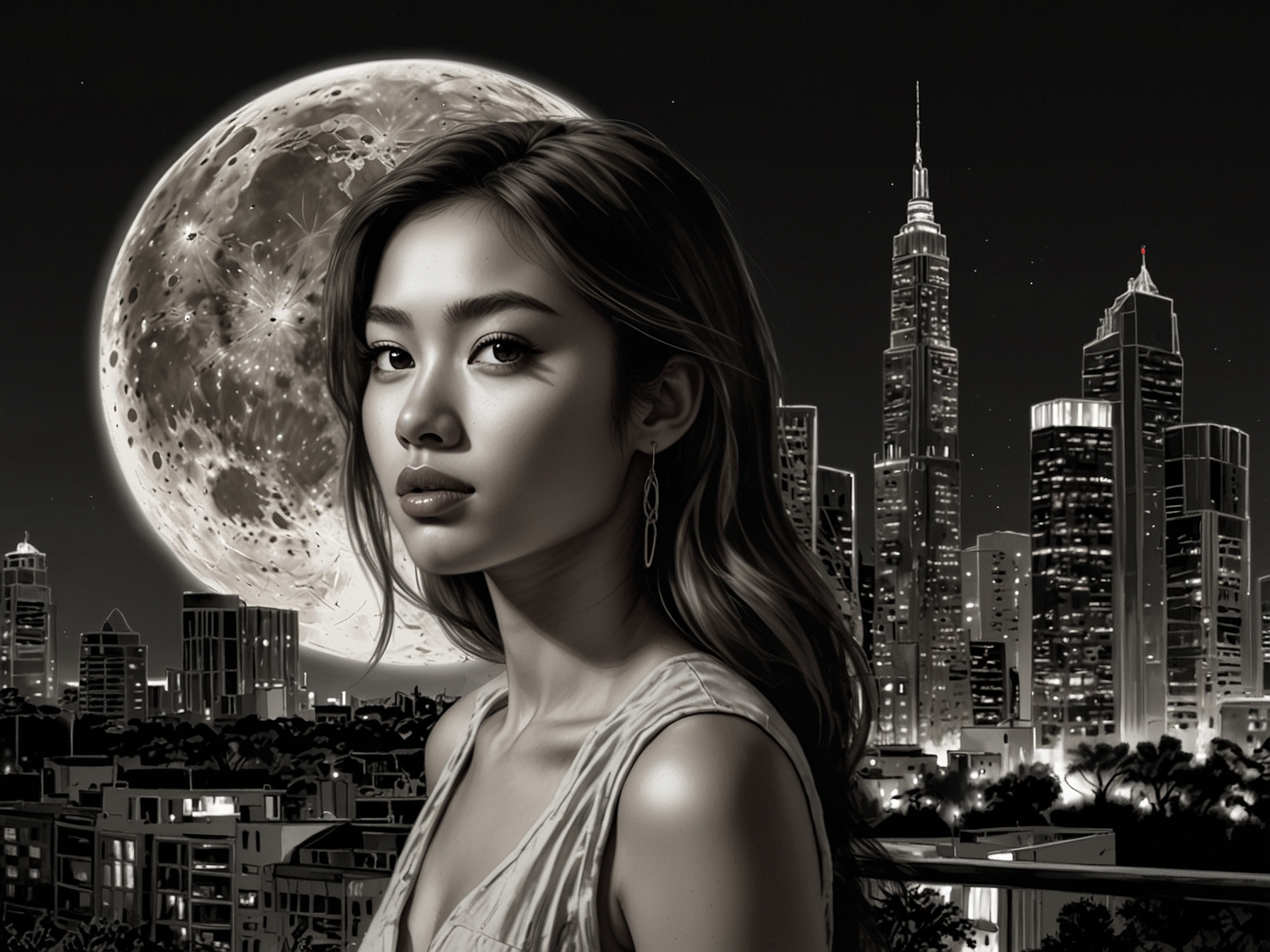 A striking portrait of Moon Gabi, showcasing her captivating beauty and confident presence as a model and mother, set against a backdrop of urban sophistication.