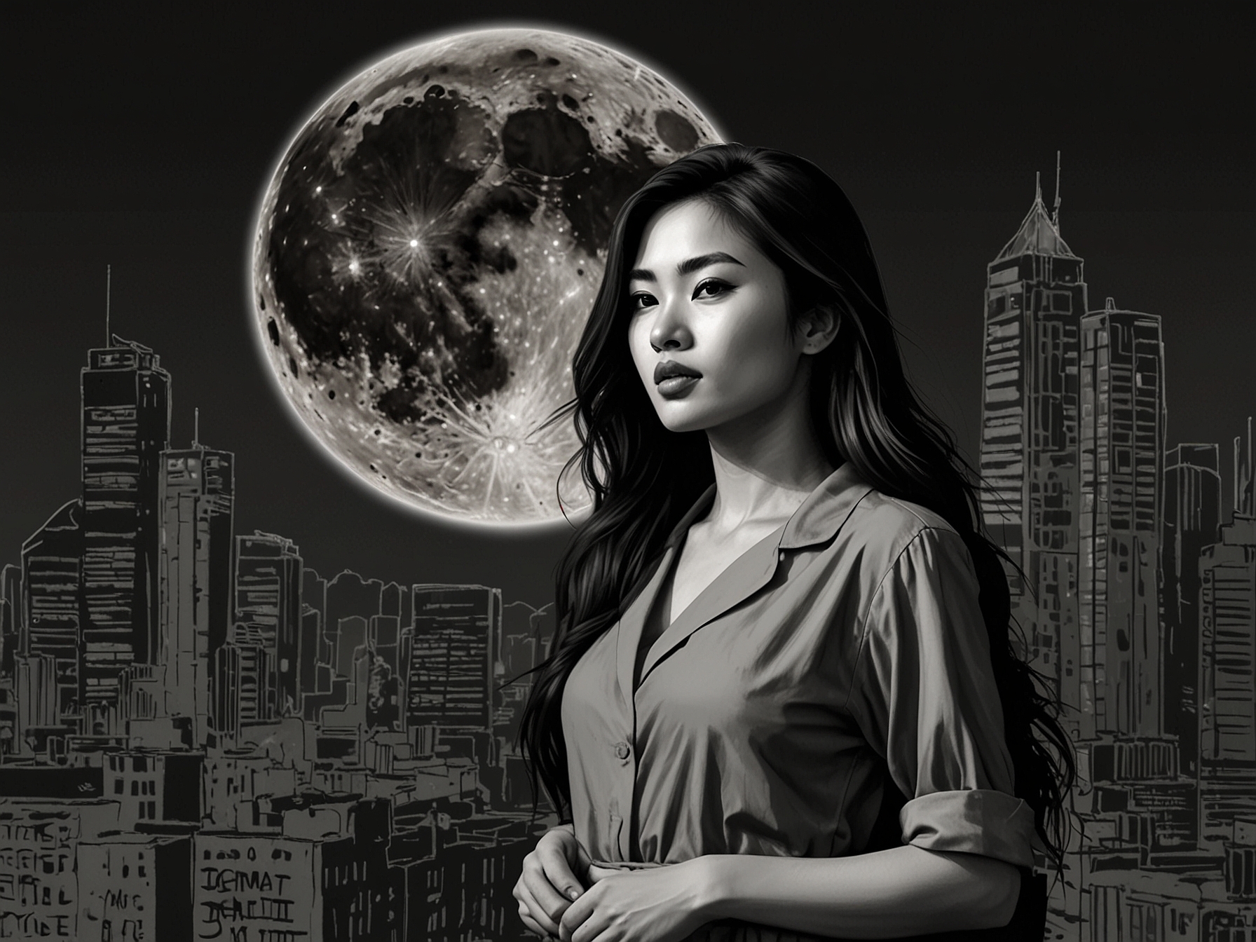 A creative illustration depicting the dynamic between Moon Gabi and Jung Woo Sung, symbolizing their unorthodox relationship and the challenges of fame and motherhood.