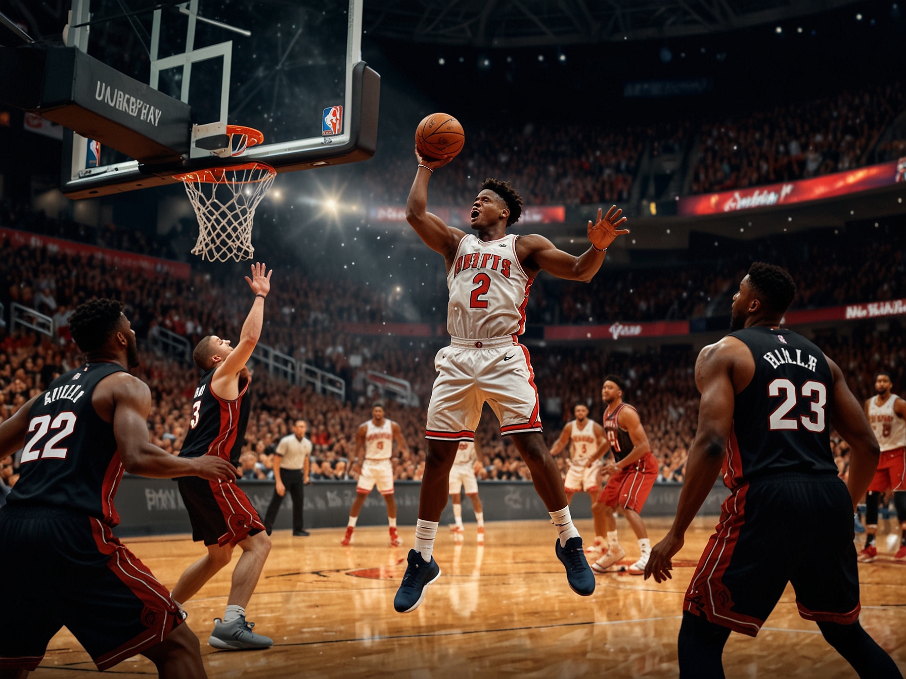 An intense basketball game scene featuring Jimmy Butler taking a game-winning shot amidst defenders, with fans erupting in the background, capturing the excitement of the Miami Heat's victory.
