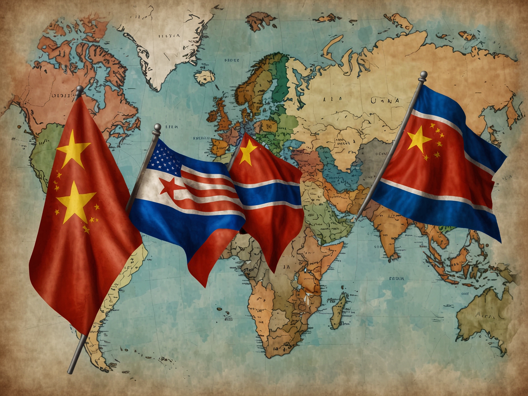 An illustrative image showing the flags of China, North Korea, and Russia overlapped with a map of East Asia, symbolizing shifting alliances and geopolitical tensions.