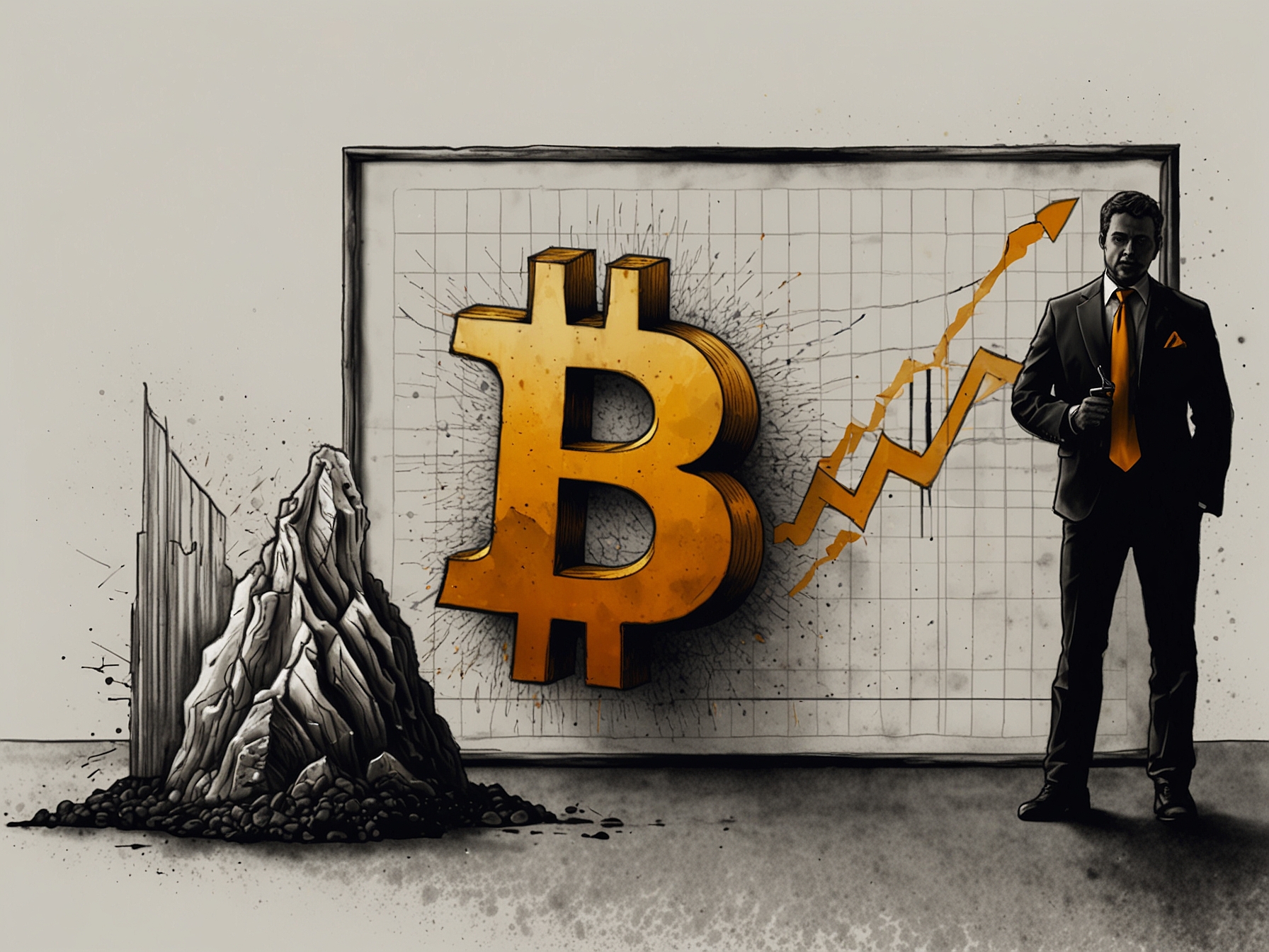 An abstract representation of Bitcoin's fluctuating value, with a graphic showing a downward trend juxtaposed against a large $100,000 symbol, symbolizing the miners' sell-off and market uncertainty.