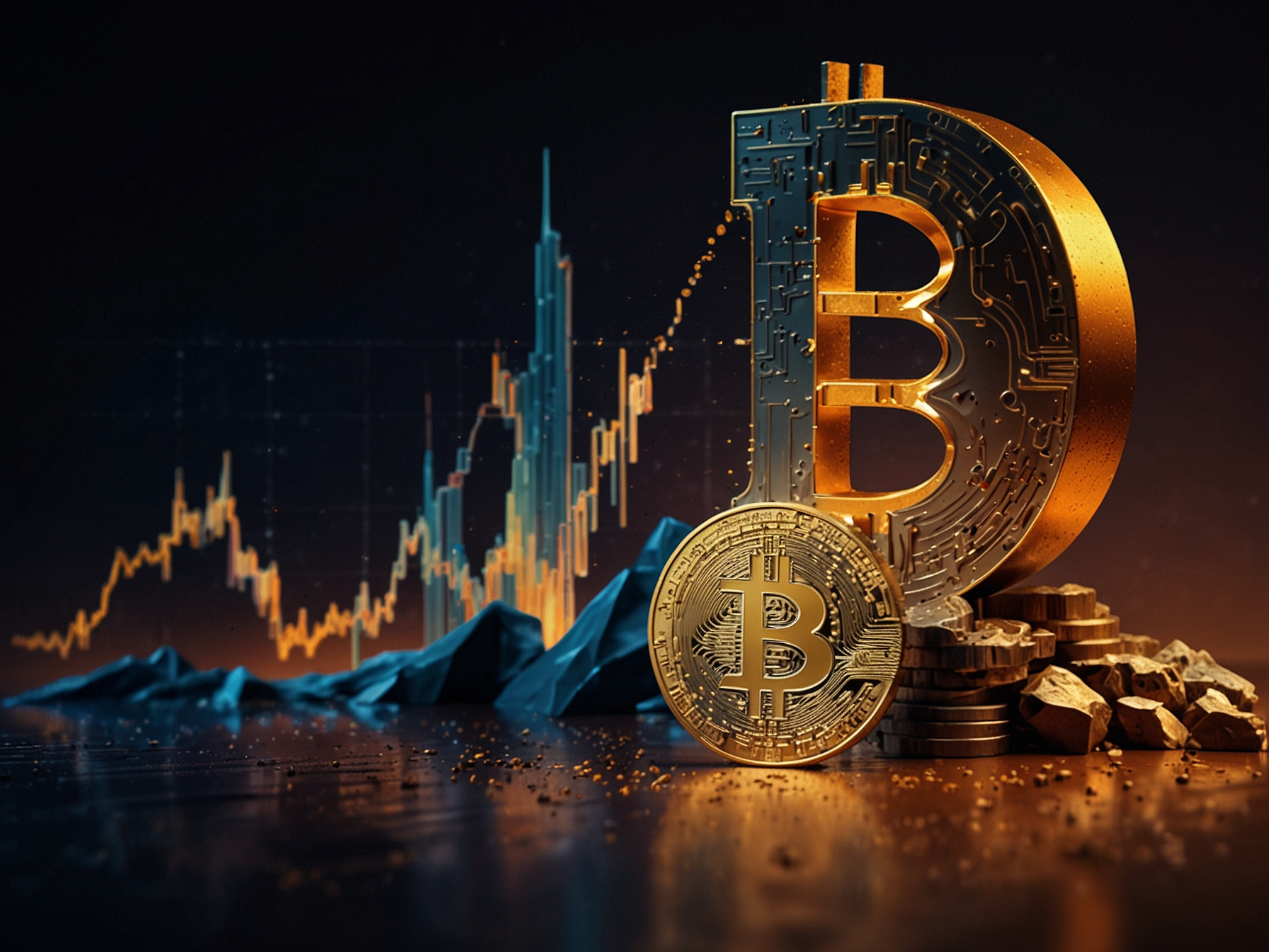 A close-up shot of Bitcoin coins stacked, with a digital screen displaying current market prices and trends, illustrating the tension between miners and Bitcoin's price movements.