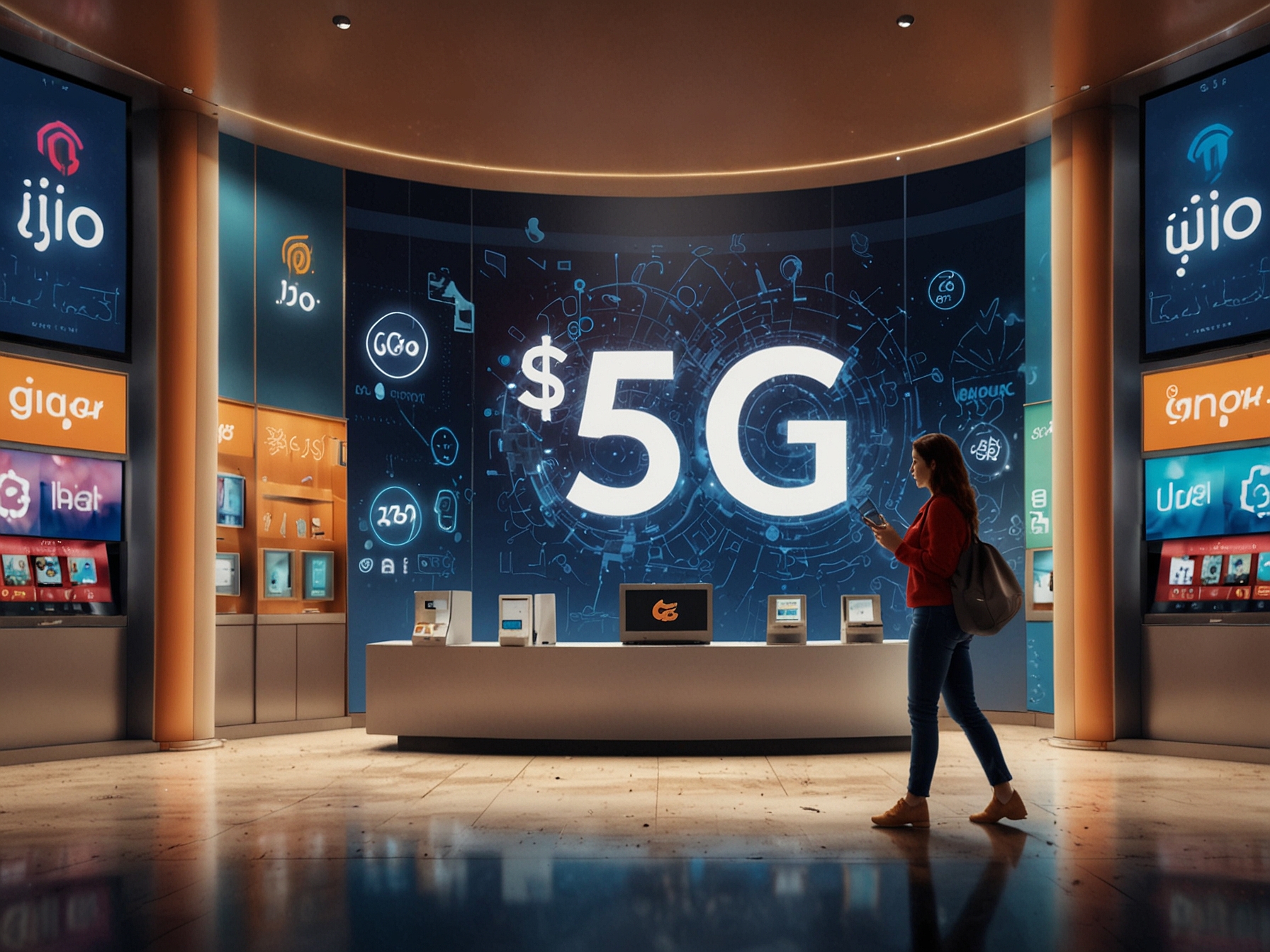 An image showcasing a smartphone displaying 5G connectivity, with a backdrop of a Jio store and promotional banners highlighting the new 5G data plans and offers.