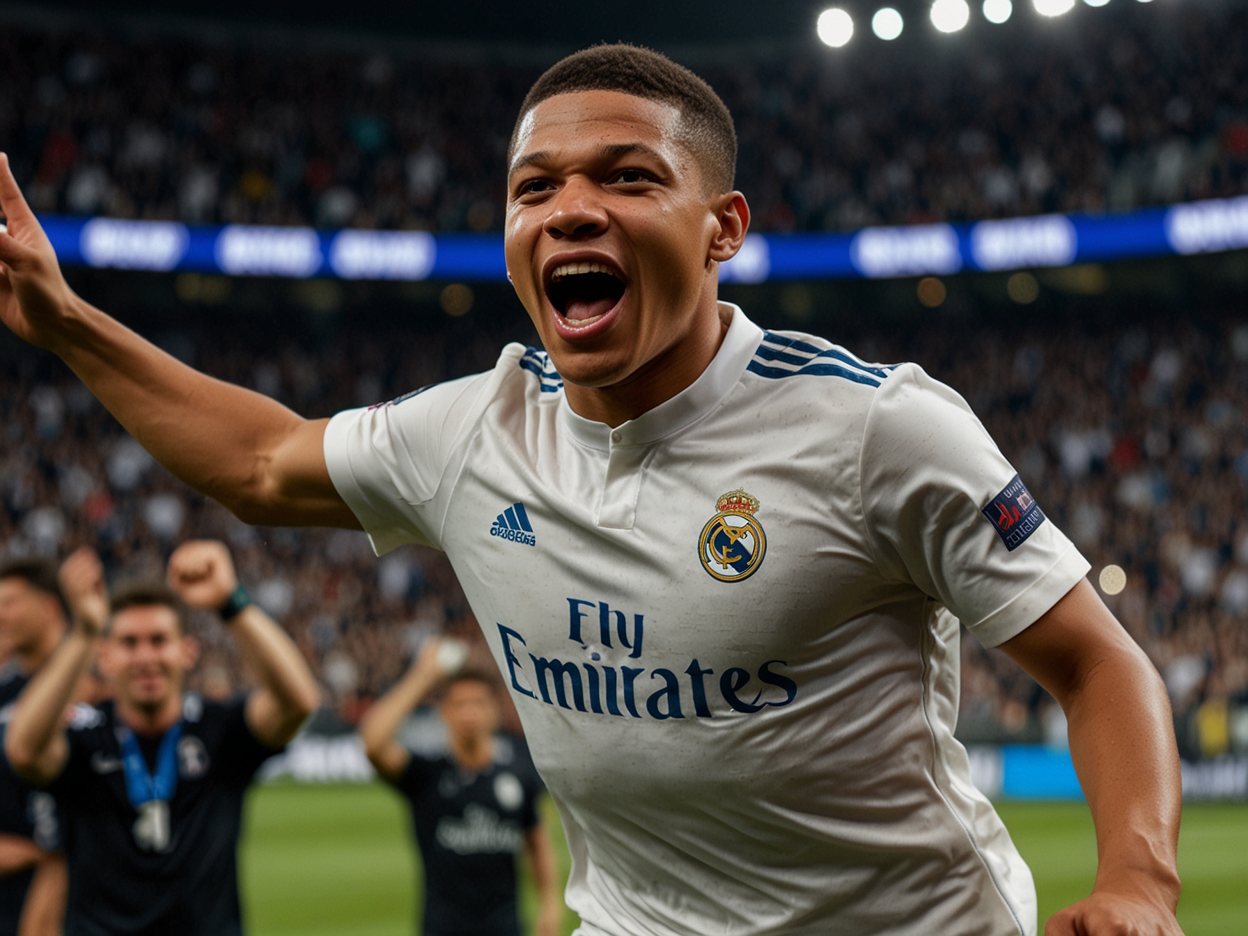 An action-packed moment featuring Kylian Mbappé celebrating after scoring his goal, with fans cheering in the background to highlight the excitement of Real Madrid's victory.