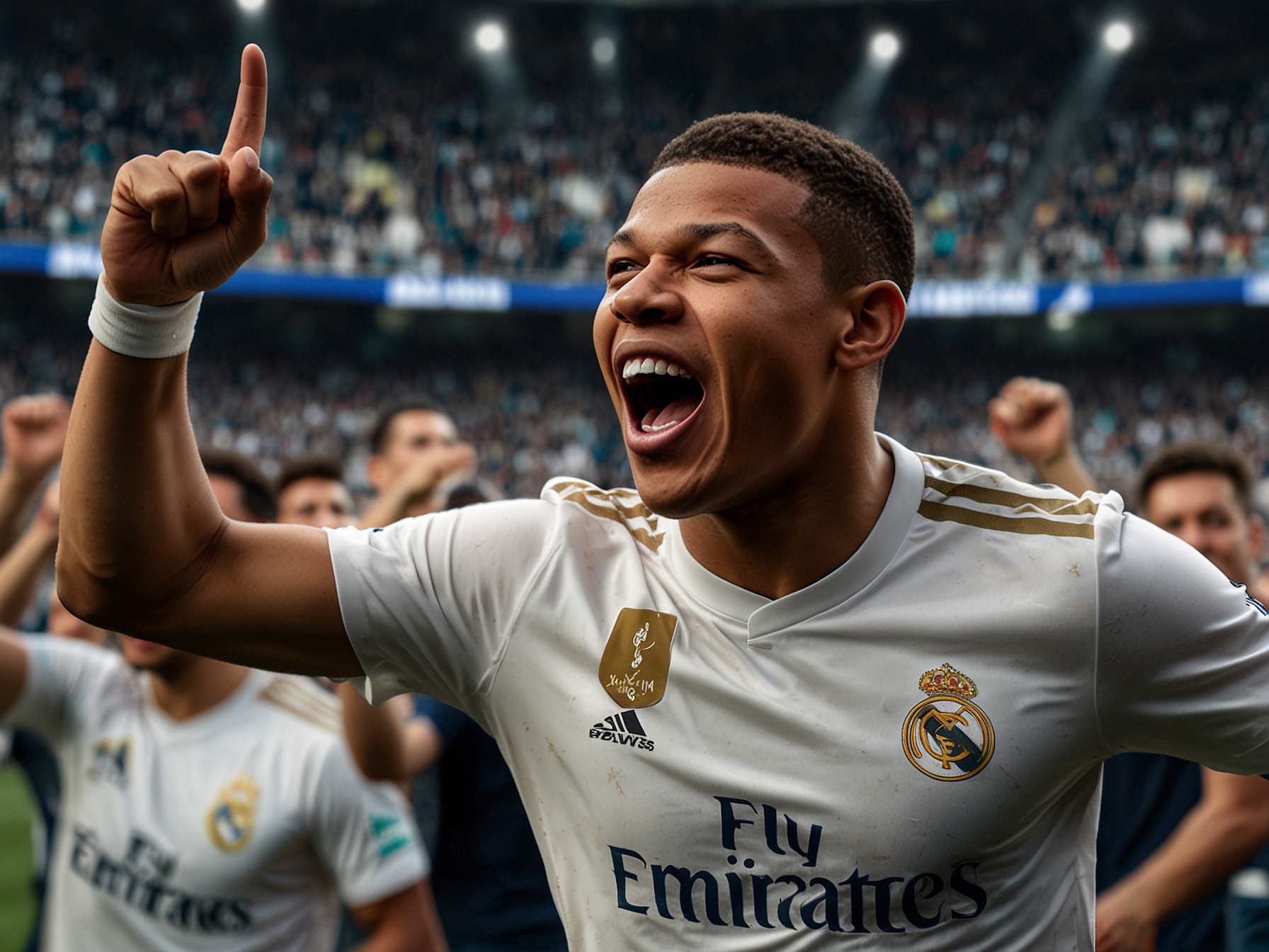 Jude Bellingham applauding the crowd after scoring the final goal, symbolizing the young talents in Real Madrid's squad and their collective push for the La Liga title.