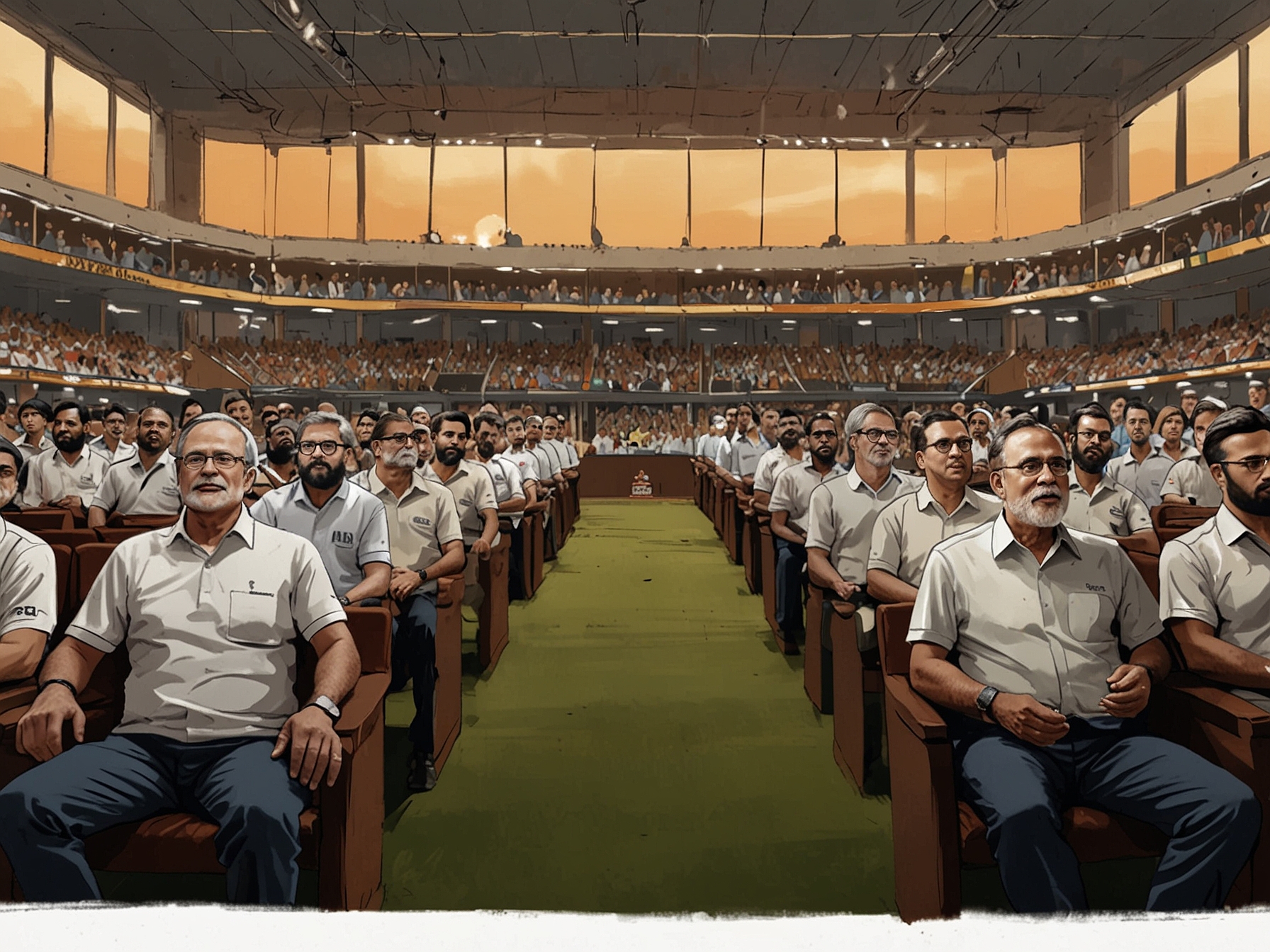 An intense scene from the 2025 IPL auction showcasing a packed room with team coaches and owners eagerly bidding, reflecting the excitement and nervousness of the event.