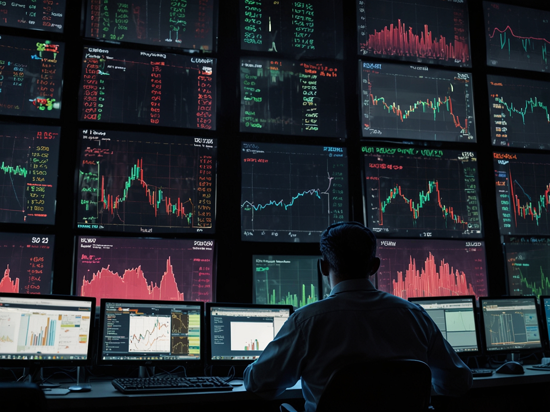 An engaging visual of a stock market trading floor with monitors showing upward trends, symbolizing the market's positive reaction to Maharashtra election results.