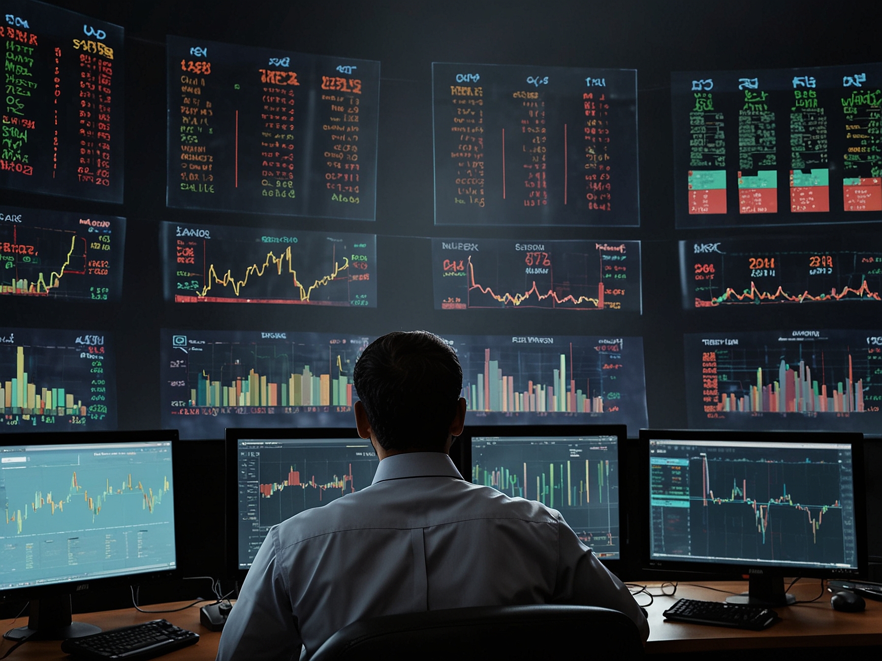 A close-up image of financial charts on a digital screen illustrating the gains in Nifty 50 and Sensex after the elections.