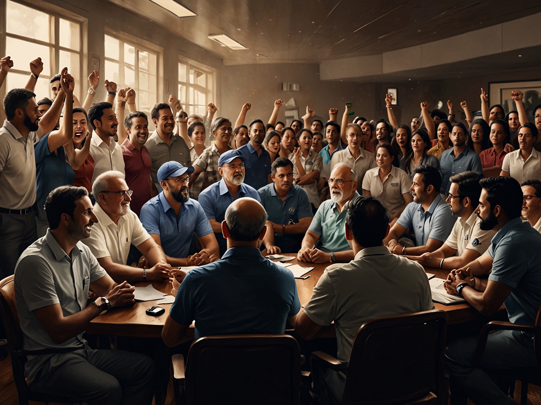 Venkatesh Iyer and Shreyas Iyer celebrating their successful bids, surrounded by cheering fans and teammates, symbolizing the thrill of the IPL auction.