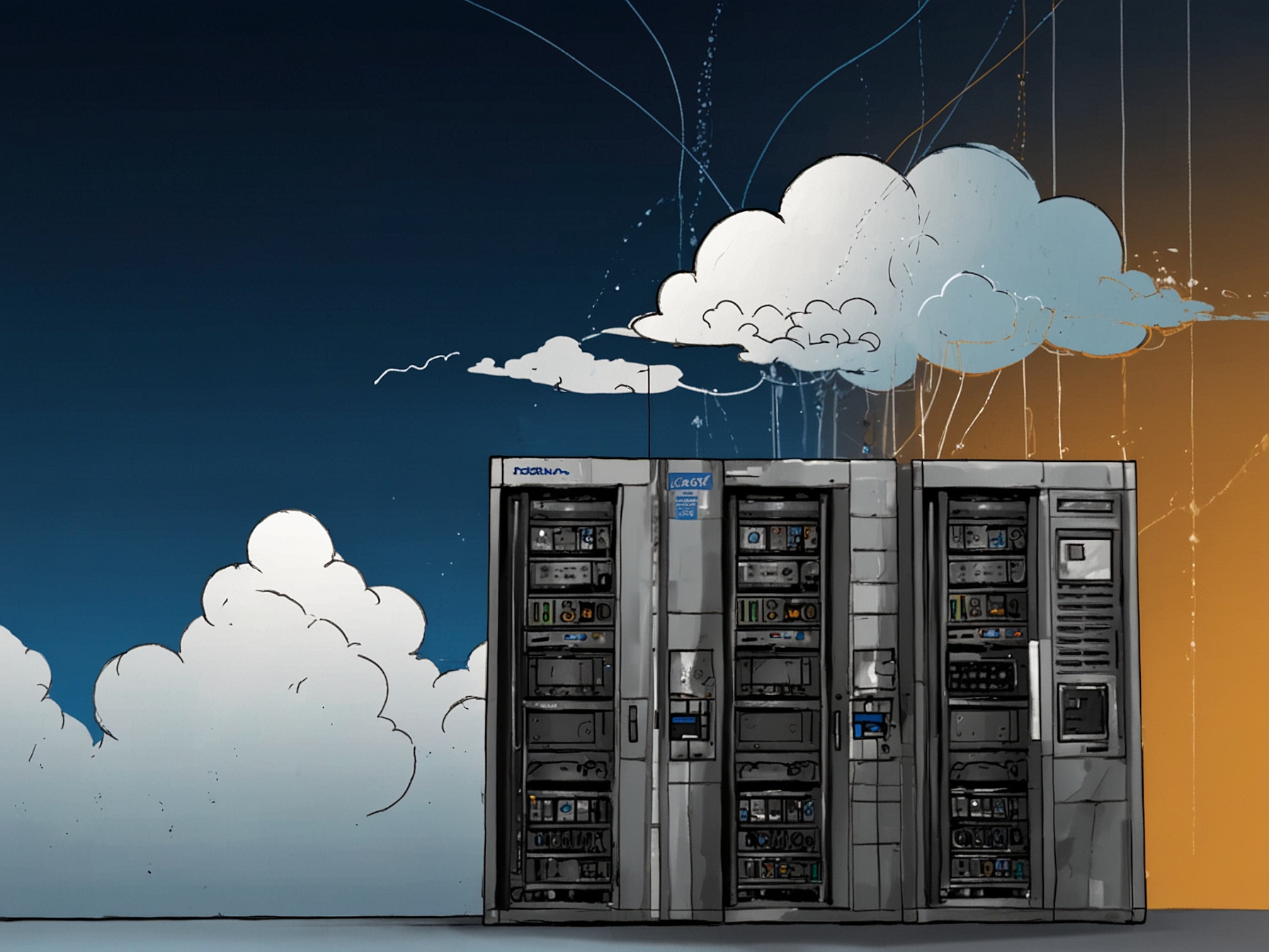 A futuristic data center filled with interconnected servers utilizing Nokia's 7250 IXR-10e platform, symbolizing advanced cloud connectivity and processing capabilities.