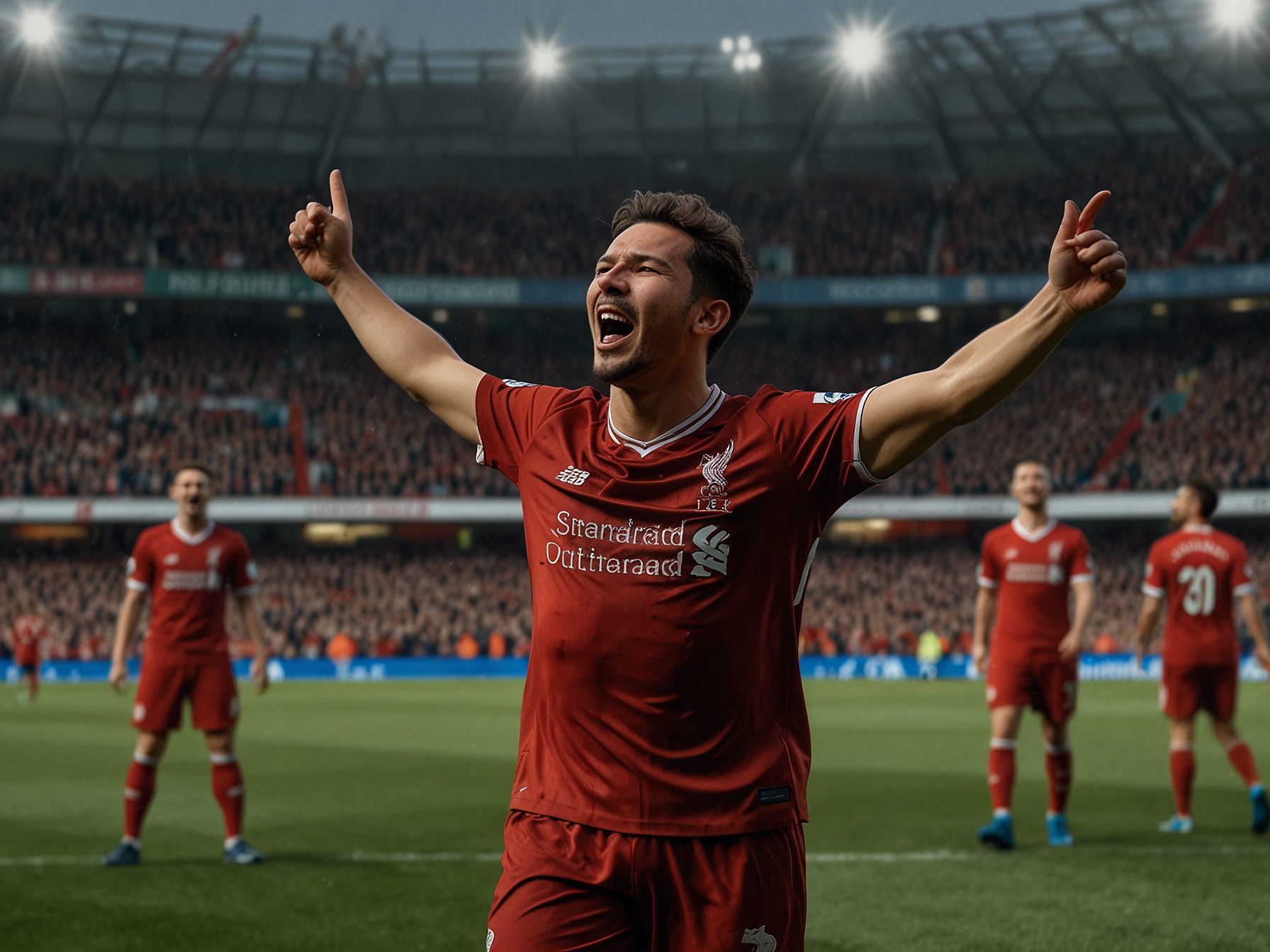 Mohamed Salah scoring one of his two goals in the match, with Díaz in the background encouraging his teammates and highlighting their synergy.